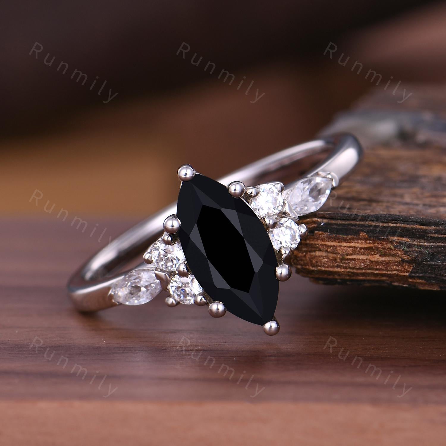Vintage Marquise Cut Black Onyx Engagement Ring Women's Moissanite Cluster Wedding Ring Delicate 14k White Gold Gemstone Bridal Promise Ring