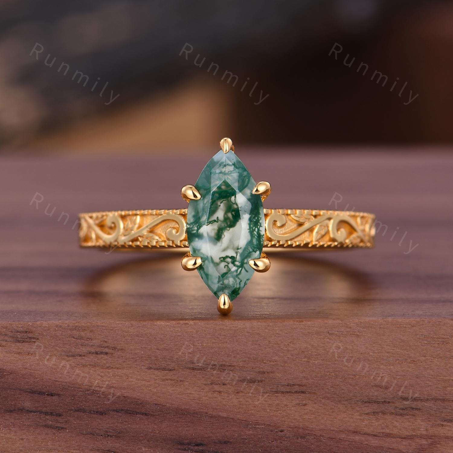 Vintage Natural Moss Agate Engagement Ring Filigree Antique Kite Cut Ring Leaf Style 14k White Gold Moss Agate Bridal Promise Ring Gift