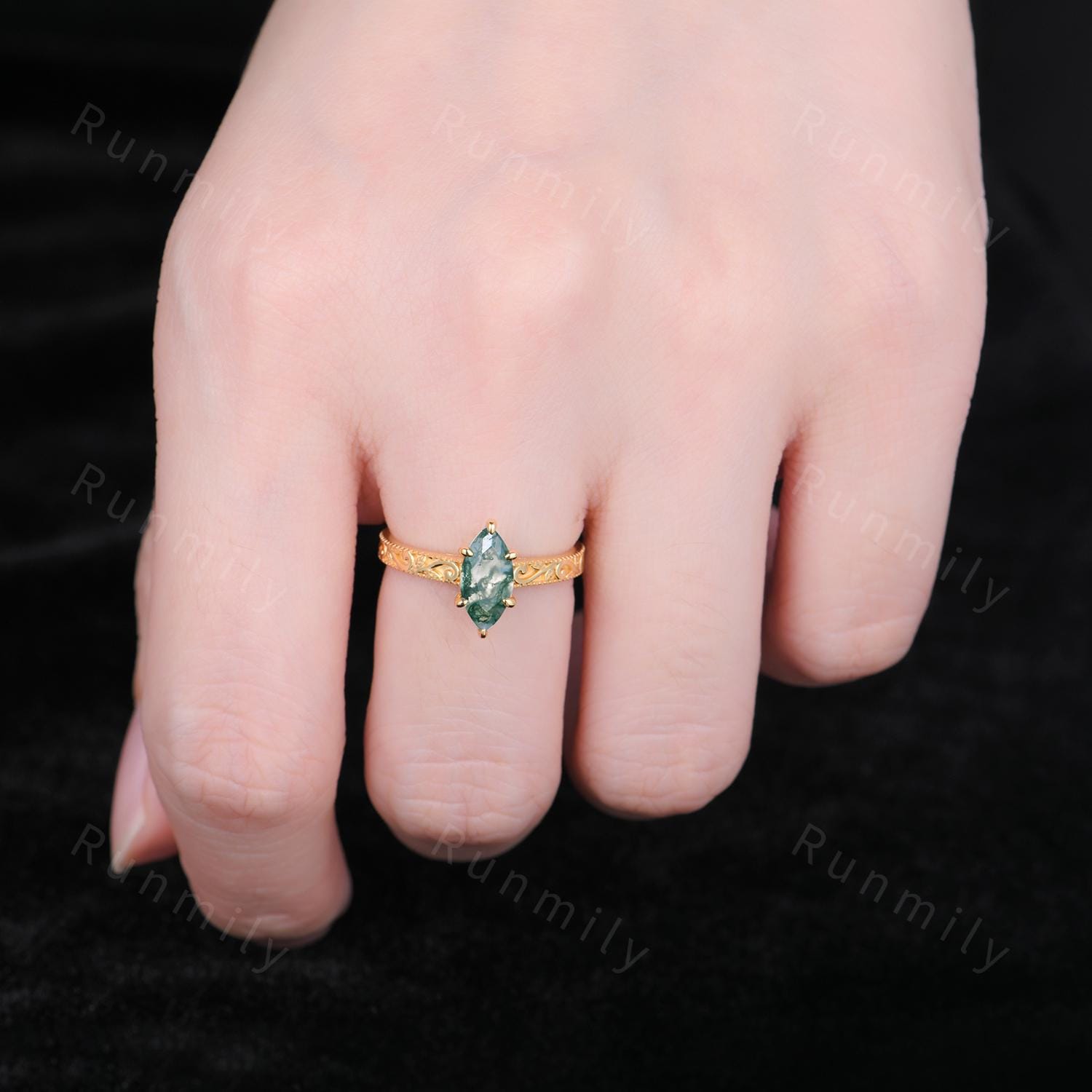 Vintage Natural Moss Agate Engagement Ring Filigree Antique Kite Cut Ring Leaf Style 14k White Gold Moss Agate Bridal Promise Ring Gift