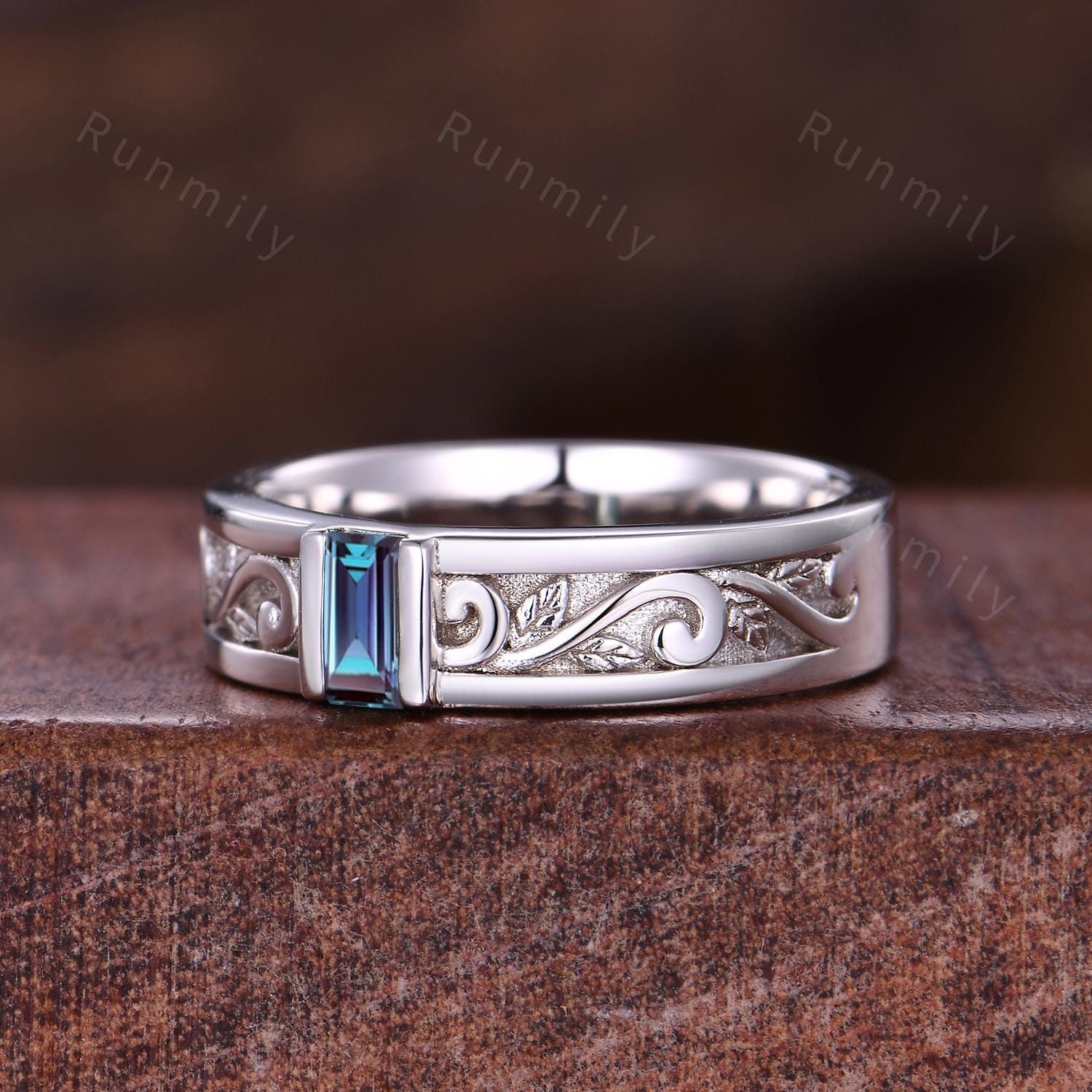 Baguette cut Alexandrite Wedding Band Mens White Gold Wedding Band Lab Alexandrite Mens Band Mens Stacking Matching Band Gift For Husband