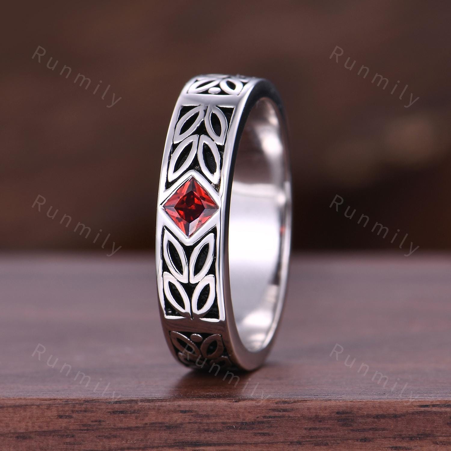 Princess Cut Garnet Mens Wedding Band Art Deco Leaf Design Mens Band 5mm Silver Black Ring Unique Nature Inspired Stacking Band Retro Ring