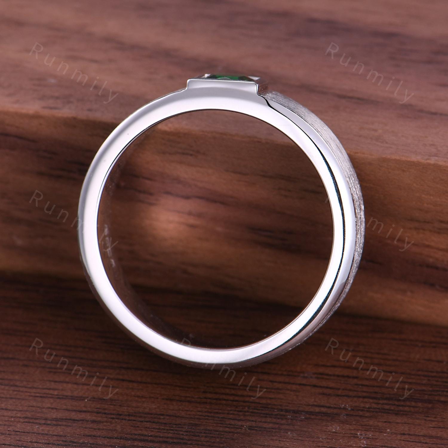 Men's Emerald Wedding Band White Gold Princess Cut Wedding Ring Emerald Engagement Ring Vintage Brushed Finish Ring Mens Stacking Ring