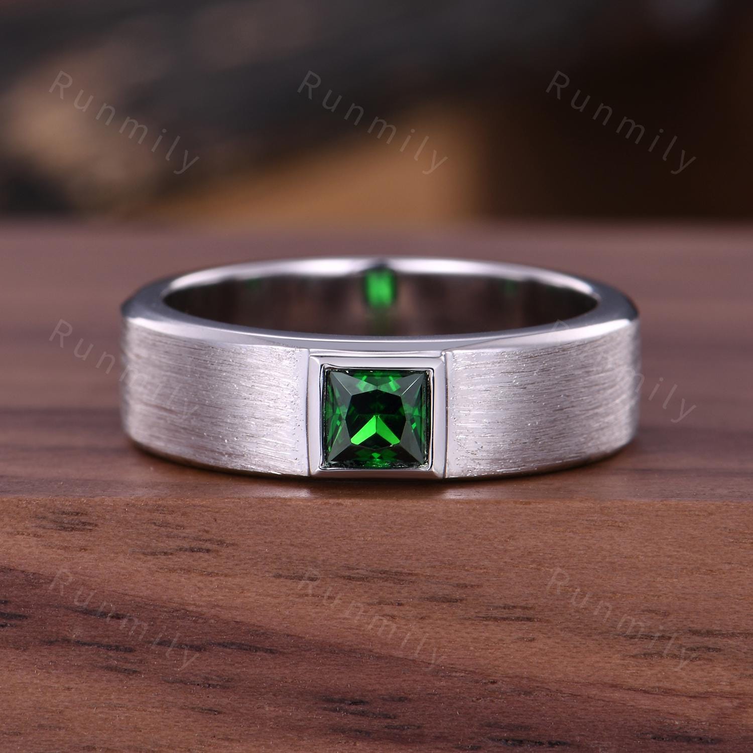 Men's Emerald Wedding Band White Gold Princess Cut Wedding Ring Emerald Engagement Ring Vintage Brushed Finish Ring Mens Stacking Ring
