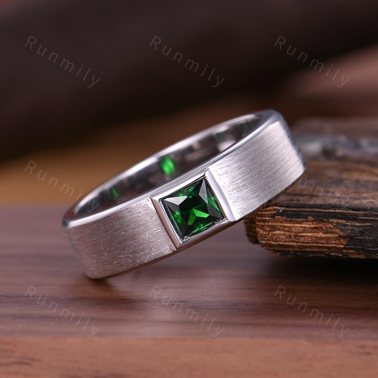Men's Emerald Wedding Band White Gold Princess Cut Wedding Ring Emerald Engagement Ring Vintage Brushed Finish Ring Mens Stacking Ring