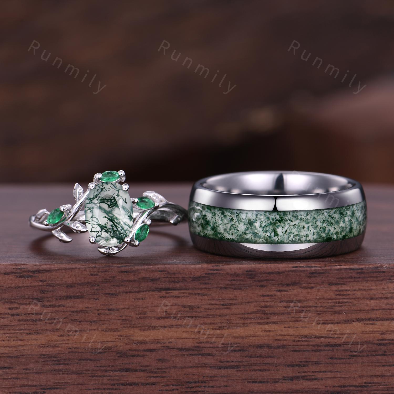 Natural Moss Agate Couples Ring Set Vintage Emerald Leaf Style Ring Silver & Tungsten His and Hers Wedding Band Mens Moss Agate Ring Gift