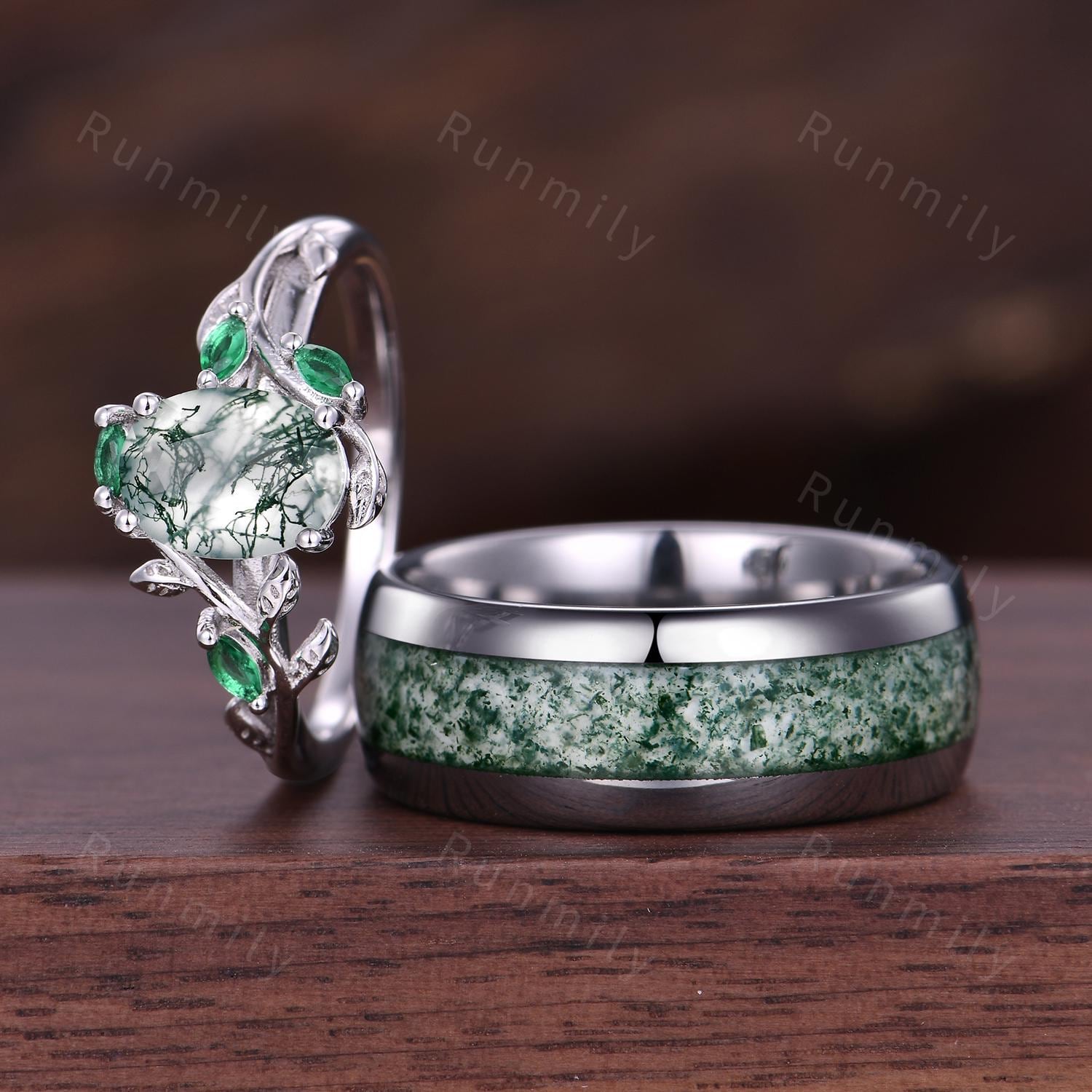 Natural Moss Agate Couples Ring Set Vintage Emerald Leaf Style Ring Silver & Tungsten His and Hers Wedding Band Mens Moss Agate Ring Gift