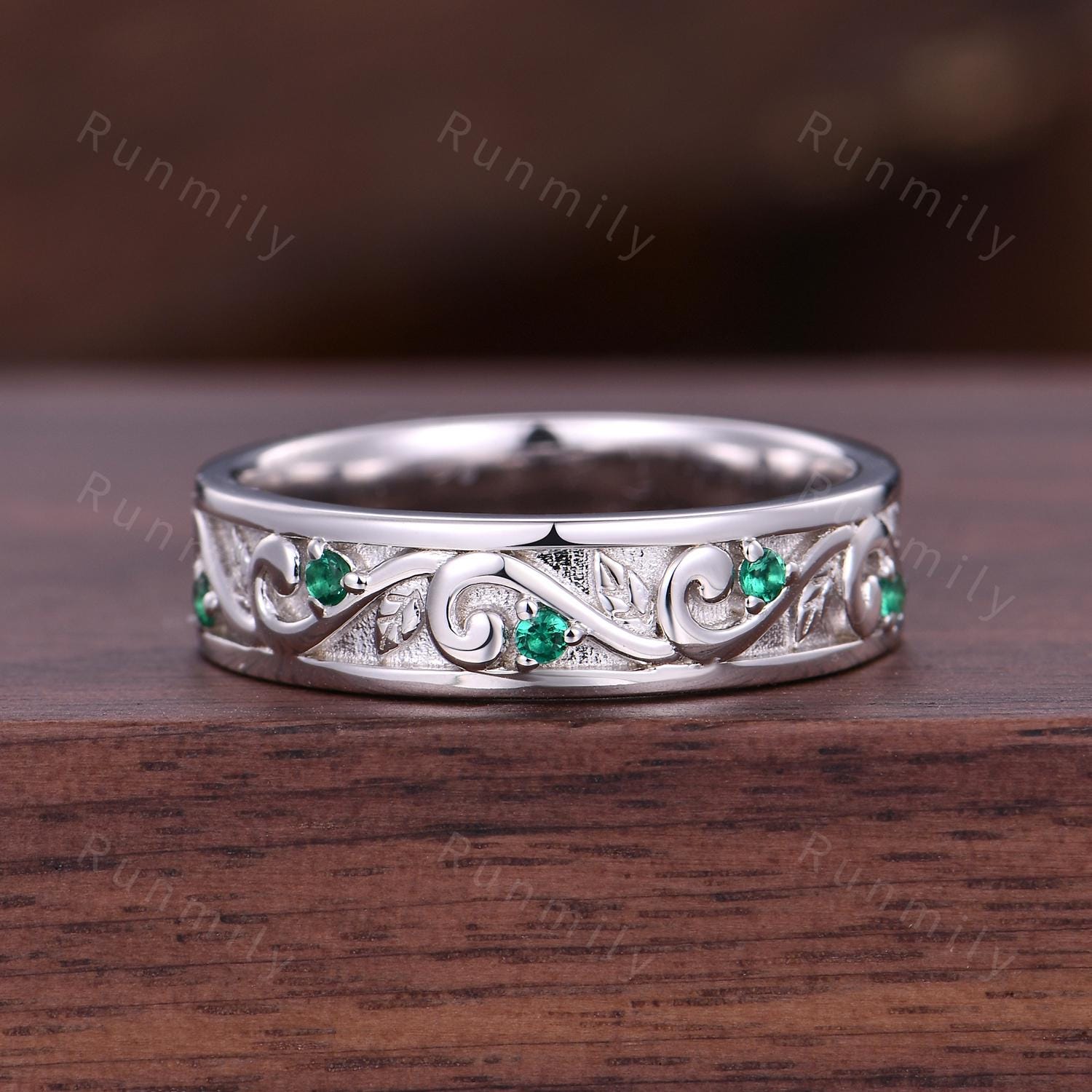 Twig Leaf Emerald Mens Wedding Band Unique Mens Emerald Wedding Ring Mens Silver 5mm Ring His Engagement Ring Band Gift For Husband