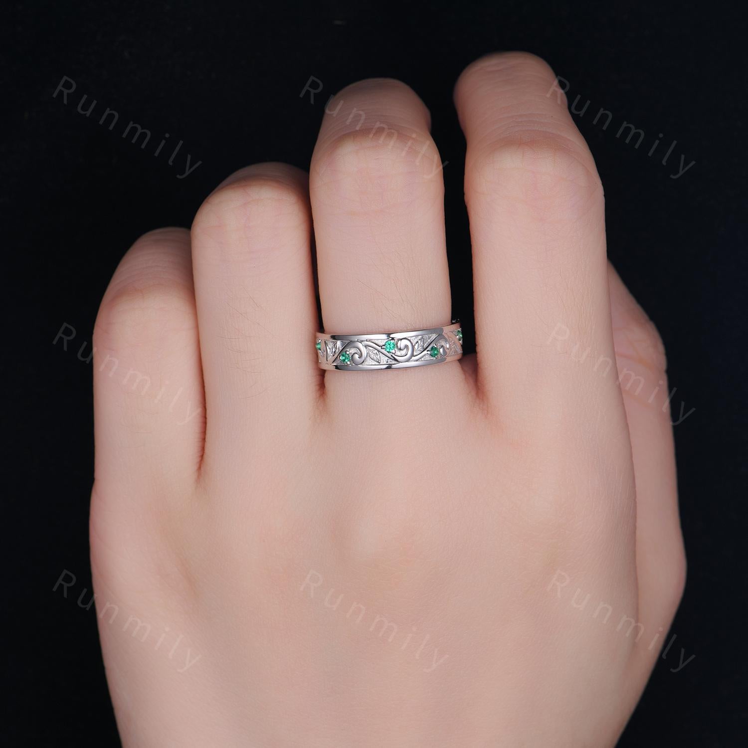 Twig Leaf Emerald Mens Wedding Band Unique Mens Emerald Wedding Ring Mens Silver 5mm Ring His Engagement Ring Band Gift For Husband