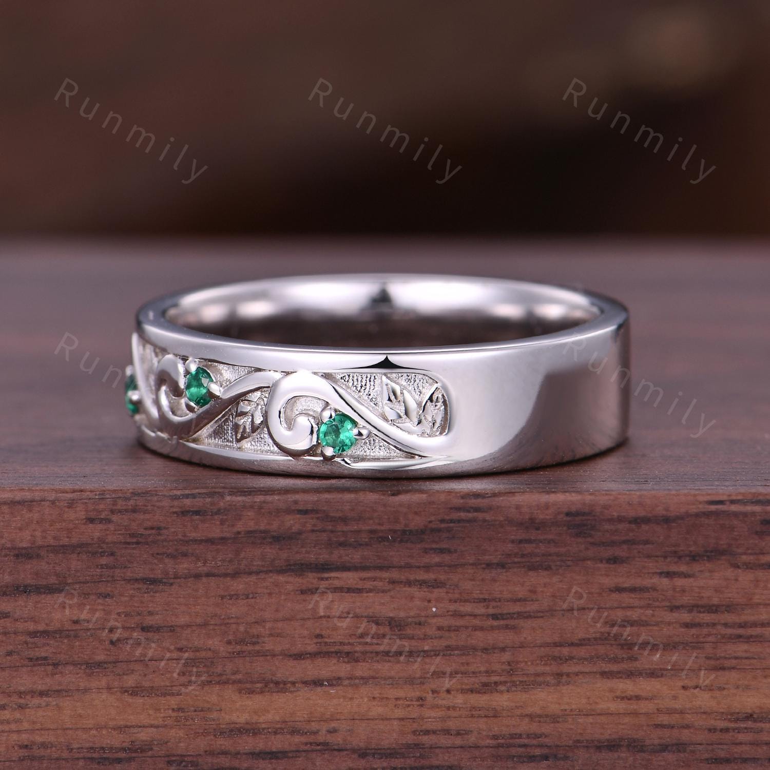 Twig Leaf Emerald Mens Wedding Band Unique Mens Emerald Wedding Ring Mens Silver 5mm Ring His Engagement Ring Band Gift For Husband