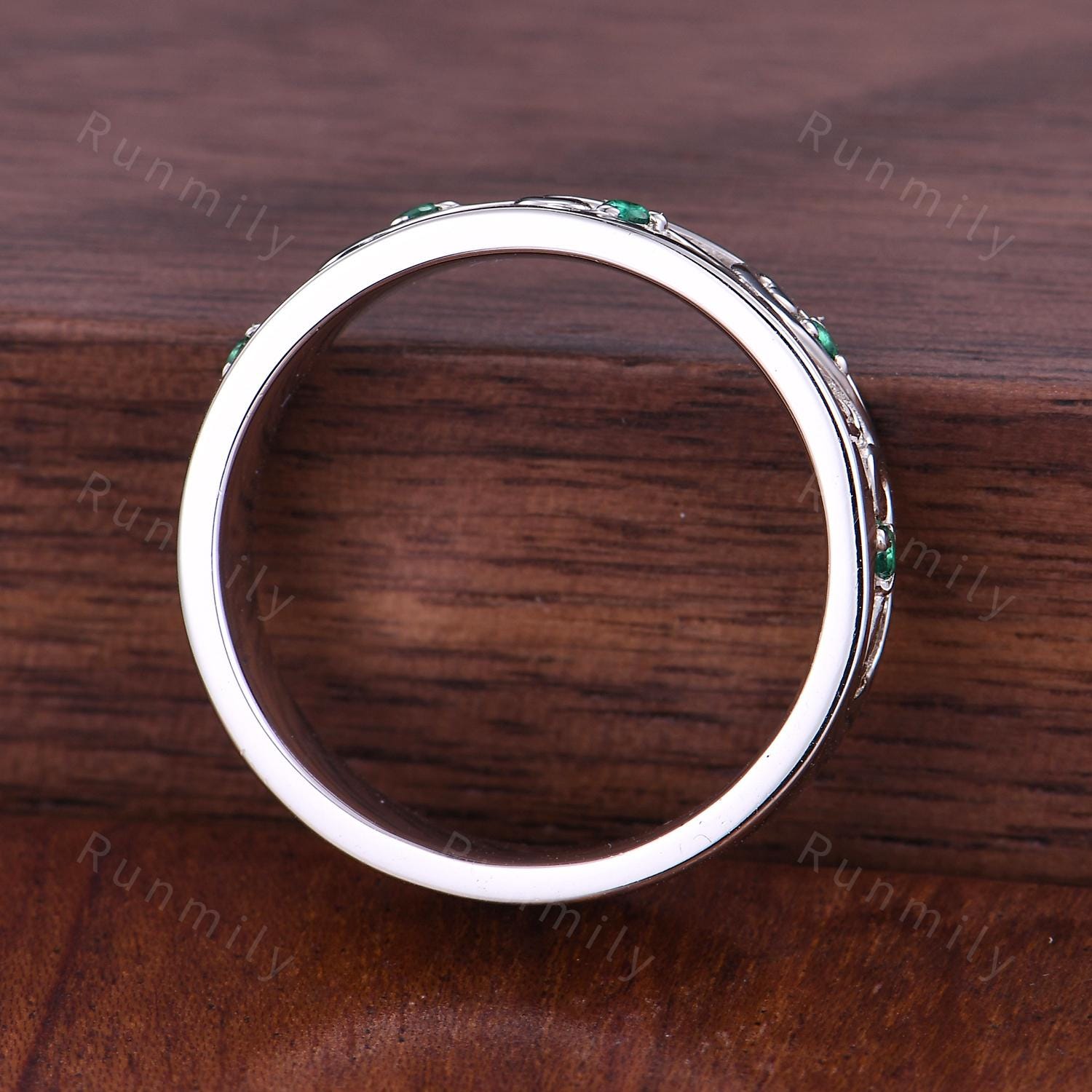 Twig Leaf Emerald Mens Wedding Band Unique Mens Emerald Wedding Ring Mens Silver 5mm Ring His Engagement Ring Band Gift For Husband