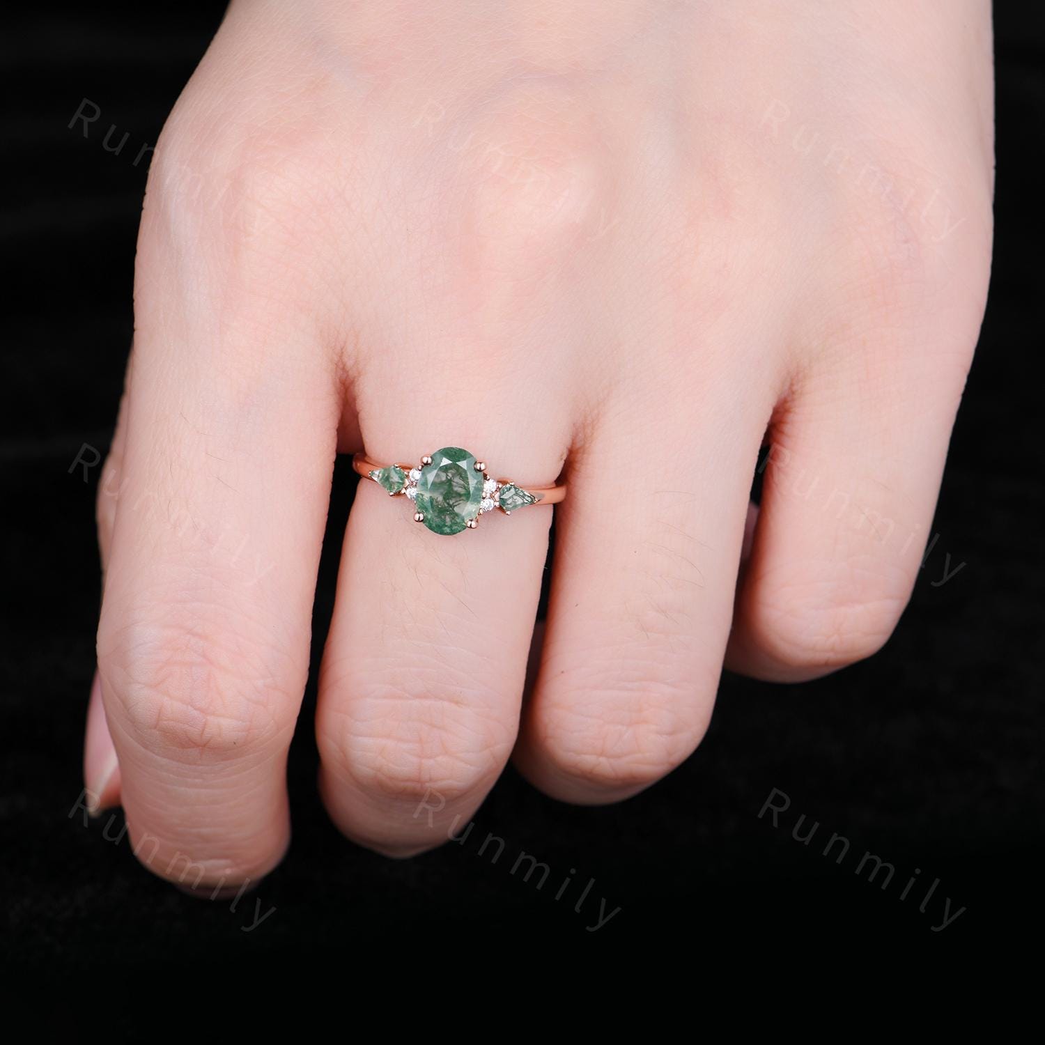 Moss Agate engagement ring Oval vintage rose gold Ring unique Cluster kite cut green Agate moissanite wedding ring Anniversary bridal ring