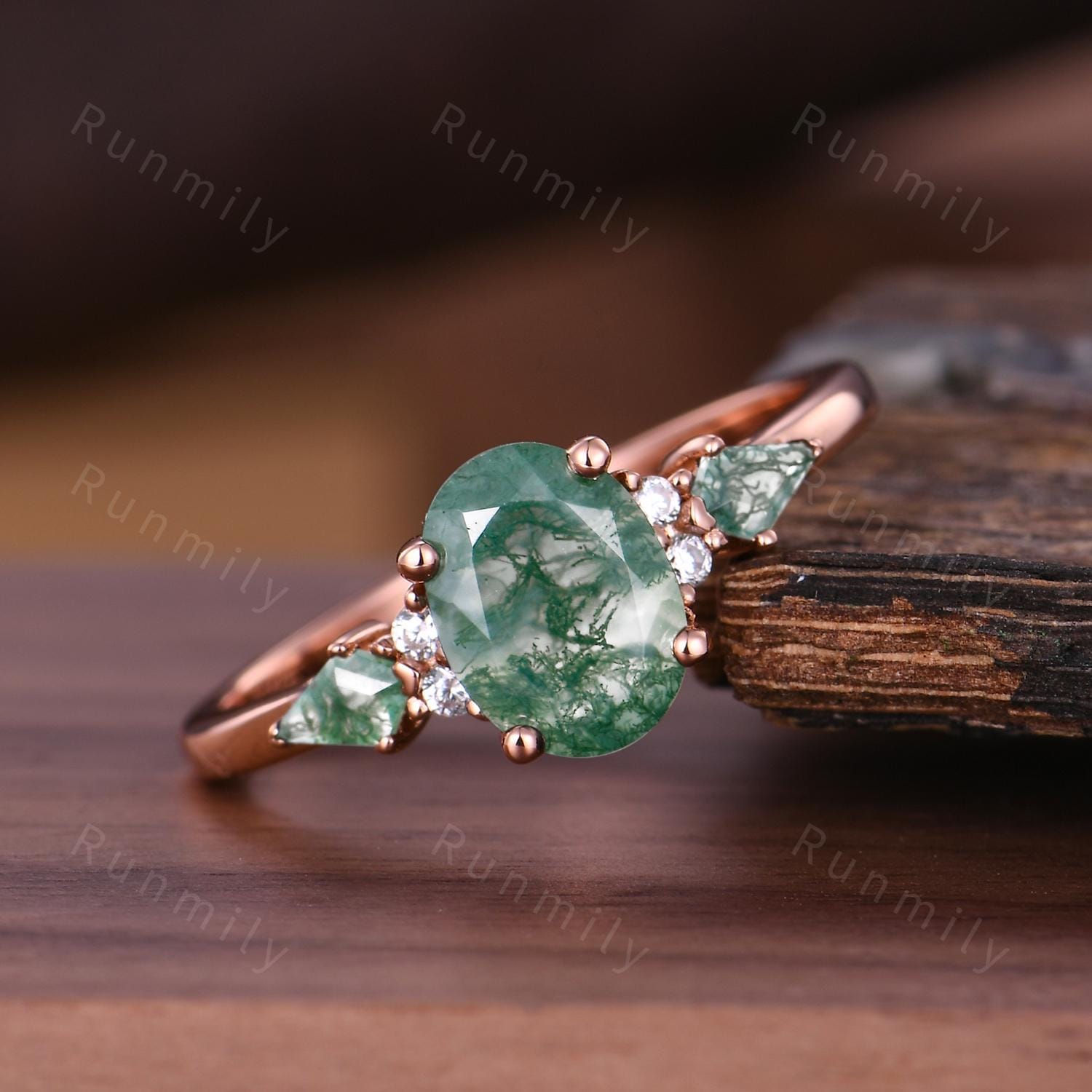 Moss Agate engagement ring Oval vintage rose gold Ring unique Cluster kite cut green Agate moissanite wedding ring Anniversary bridal ring