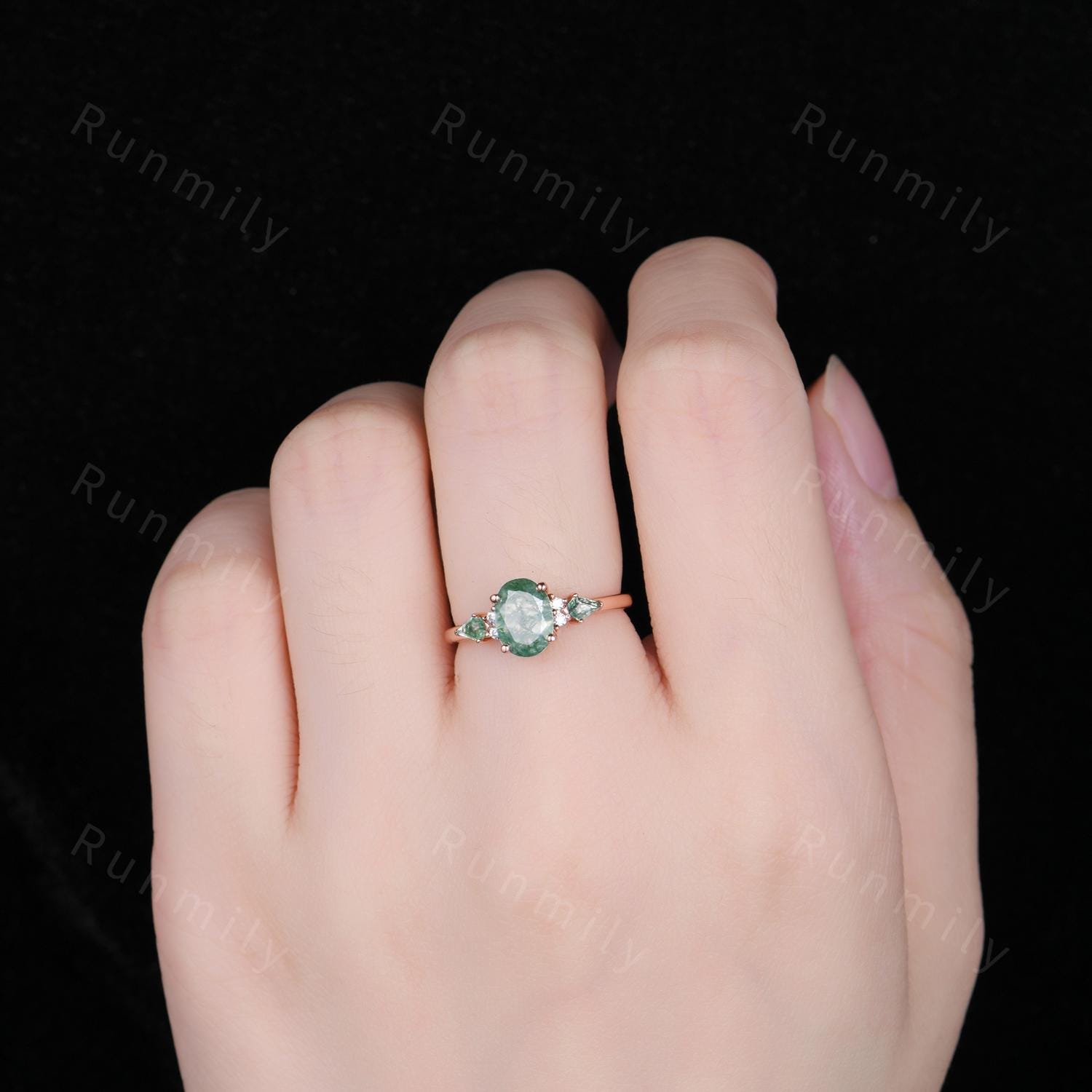 Moss Agate engagement ring Oval vintage rose gold Ring unique Cluster kite cut green Agate moissanite wedding ring Anniversary bridal ring