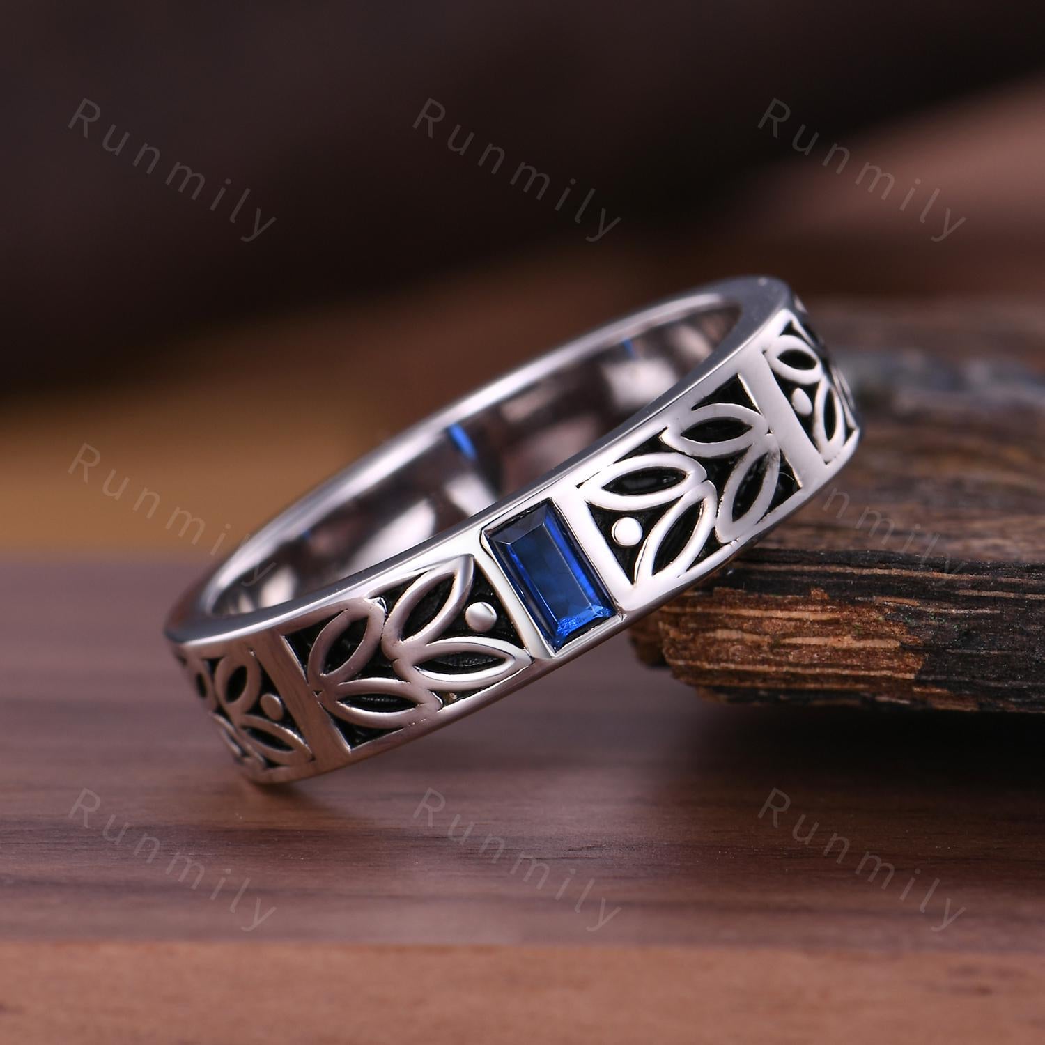 Mens Blue Sapphire Wedding Band Baguette Cut Mens Art Deco Leaf Design Wedding Band 5mm Silver Black Ring Unique His Promise Ring