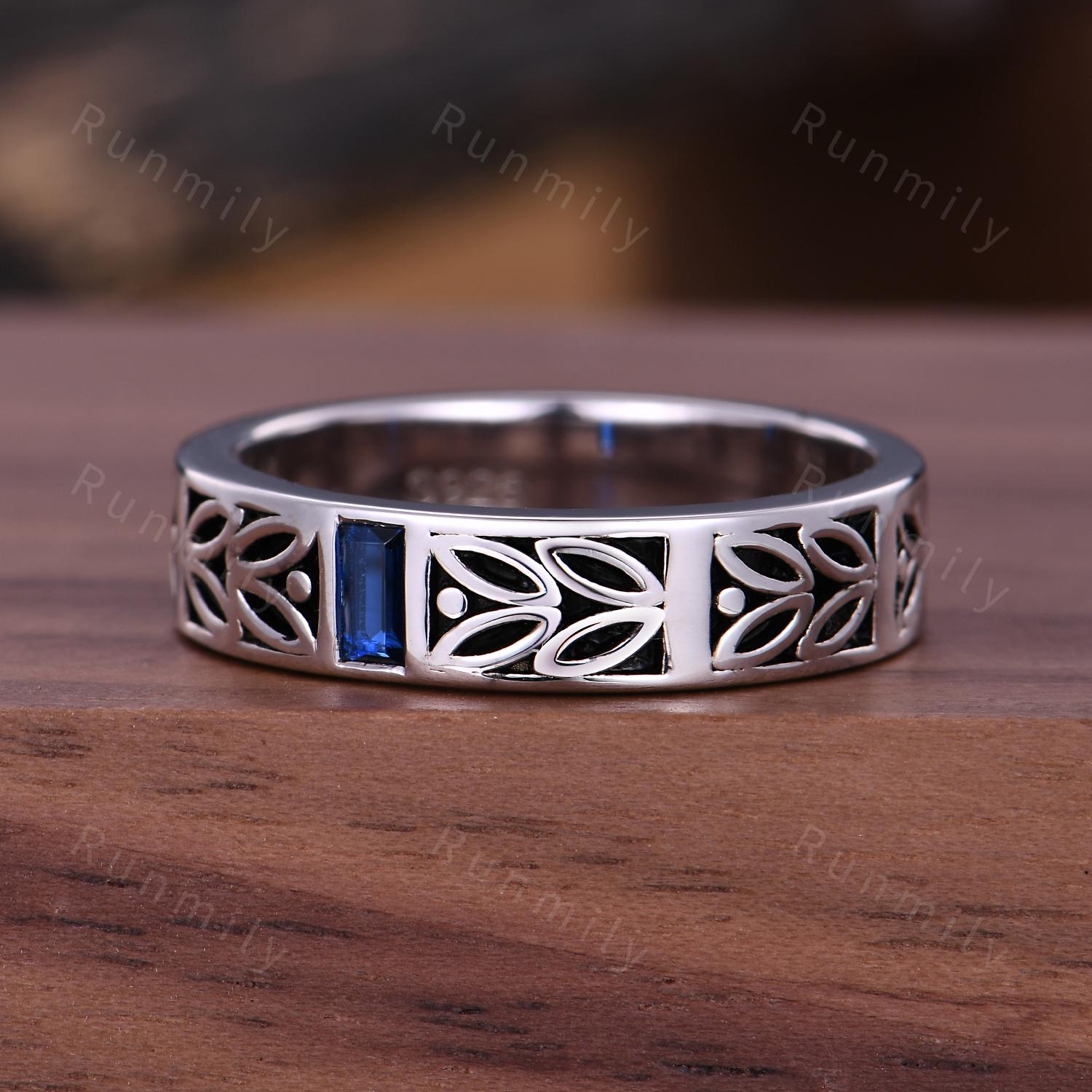 Mens Blue Sapphire Wedding Band Baguette Cut Mens Art Deco Leaf Design Wedding Band 5mm Silver Black Ring Unique His Promise Ring