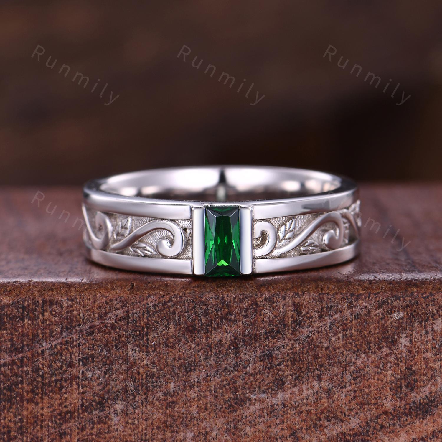 Mens Baguette Green Emerald Wedding Band Unique White Gold Wedding Band 5mm Mens Promise Ring Mens Stacking Matching Band Gift For Husband
