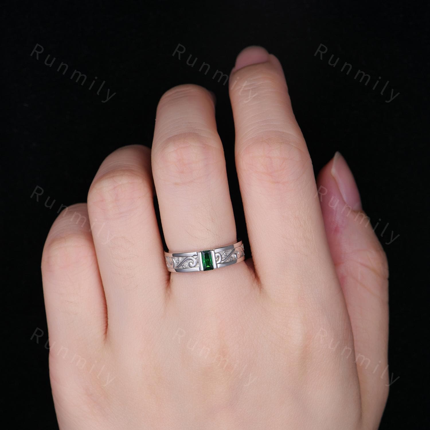 Mens Baguette Green Emerald Wedding Band Unique White Gold Wedding Band 5mm Mens Promise Ring Mens Stacking Matching Band Gift For Husband