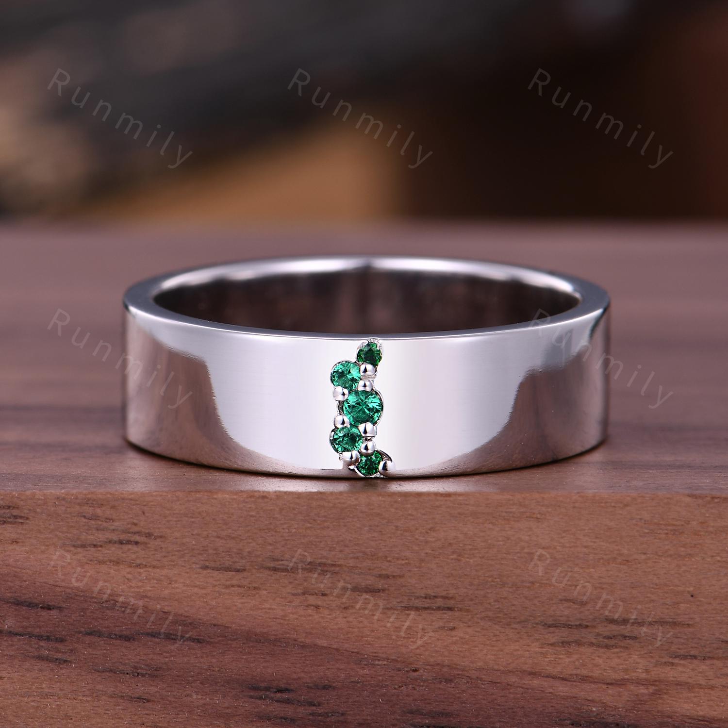 Minimalist Emerald Engagement Ring Mens Polished White Gold Wedding Band 5mm Men's Unique Stacking Ring Band Retro Vintage Five Stone Ring