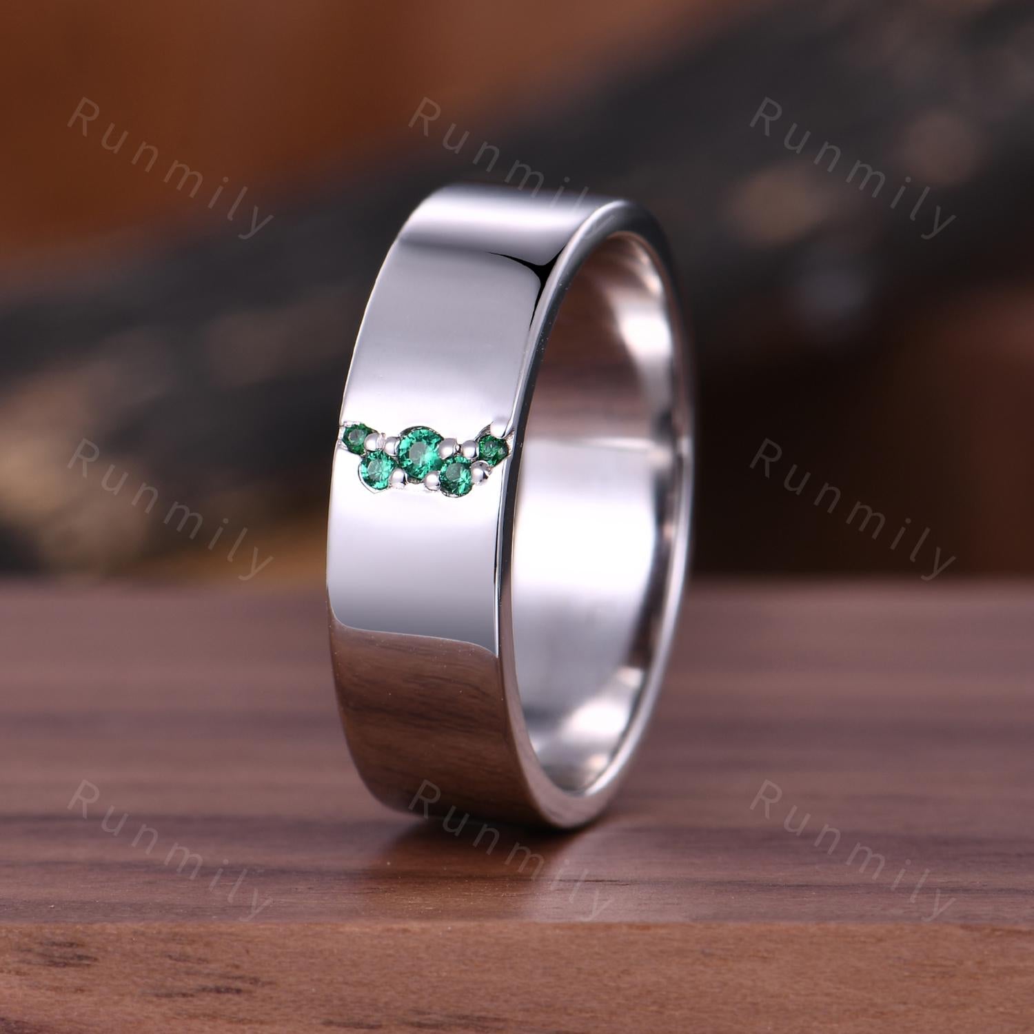 Minimalist Emerald Engagement Ring Mens Polished White Gold Wedding Band 5mm Men's Unique Stacking Ring Band Retro Vintage Five Stone Ring