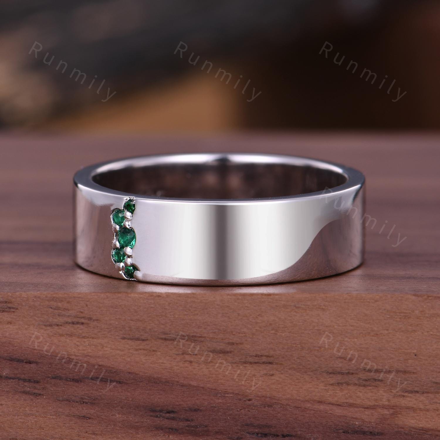 Minimalist Emerald Engagement Ring Mens Polished White Gold Wedding Band 5mm Men's Unique Stacking Ring Band Retro Vintage Five Stone Ring