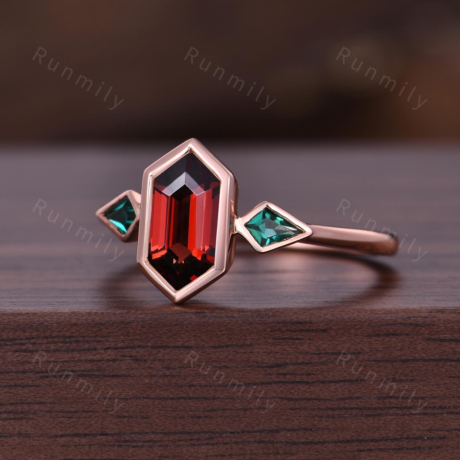 Garnet Emerald Engagement Ring Rose Gold Three Stone Ring For Women Hexagon Cut Garnet Ring Unique Kite Emerald Bridal Ring Birthstone Gems