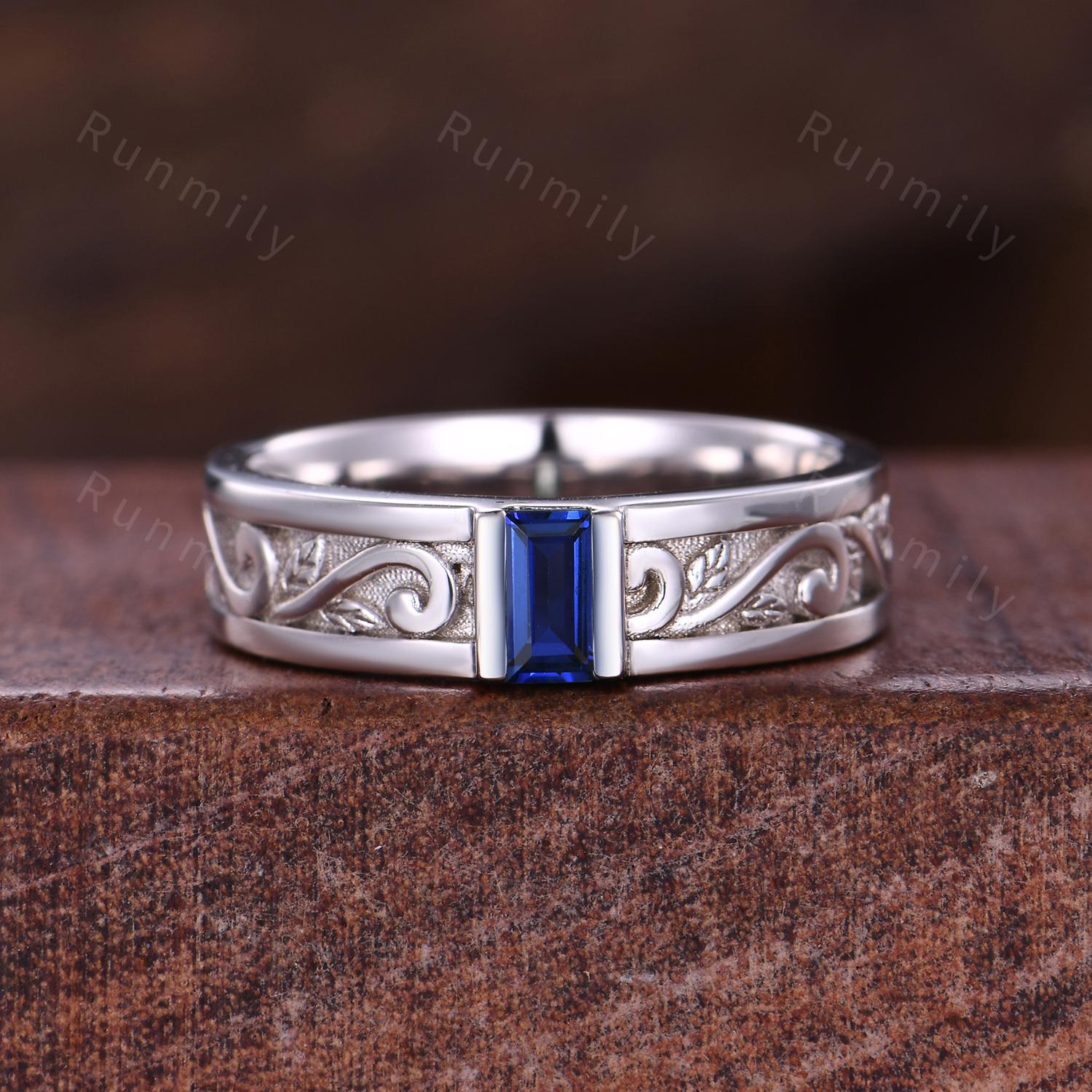 Blue Sapphire Mens Engagement Ring Unique Baguette Cut Wedding Band Mens Sapphire Promise Ring Mens Stacking Matching Band Gift For Husband