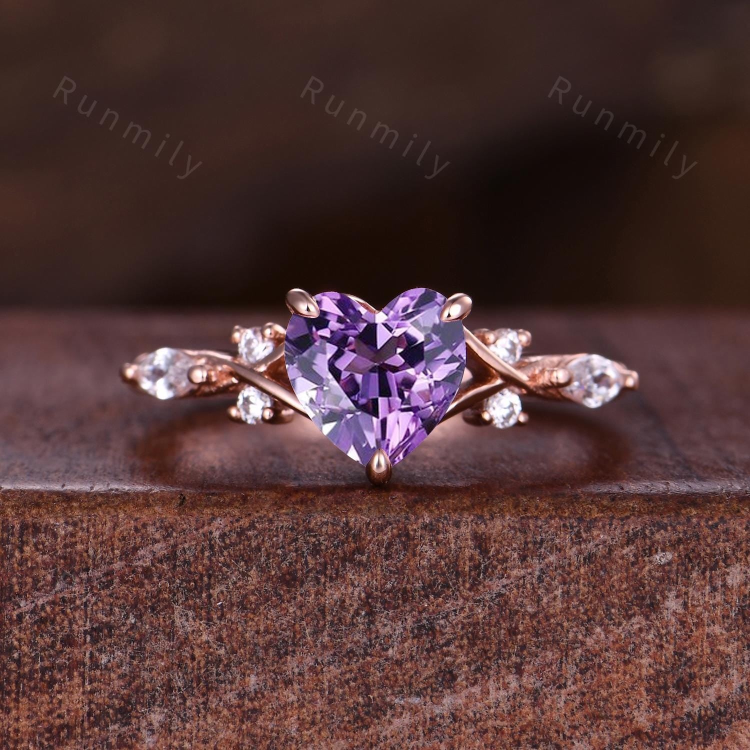 Vintage Amethyst Engagement Ring Rose Gold Heart Shaped Bridal Ring Unique Moissanite Twisted Band Ring Romantic Gift For Her