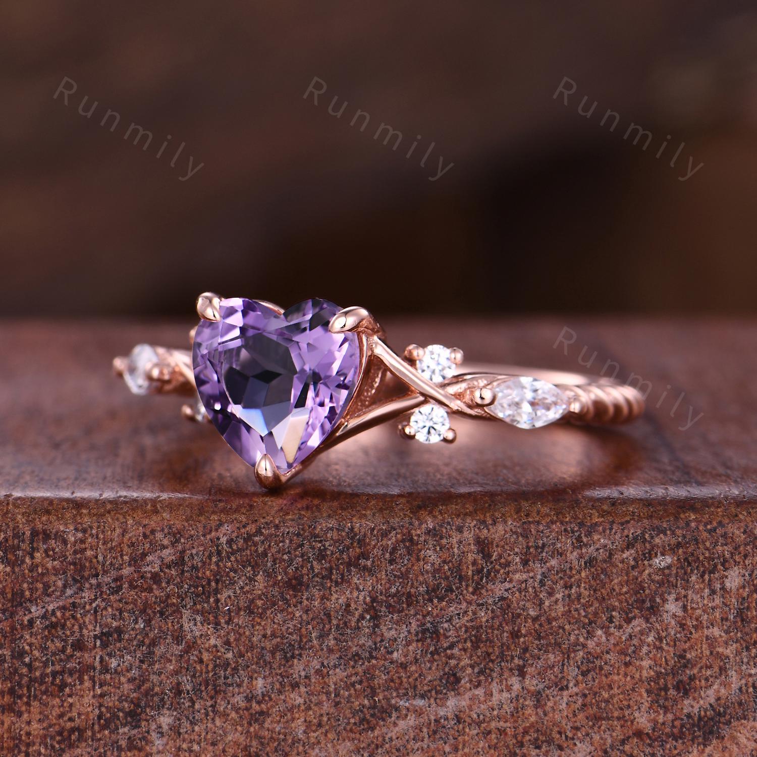 Vintage Amethyst Engagement Ring Rose Gold Heart Shaped Bridal Ring Unique Moissanite Twisted Band Ring Romantic Gift For Her