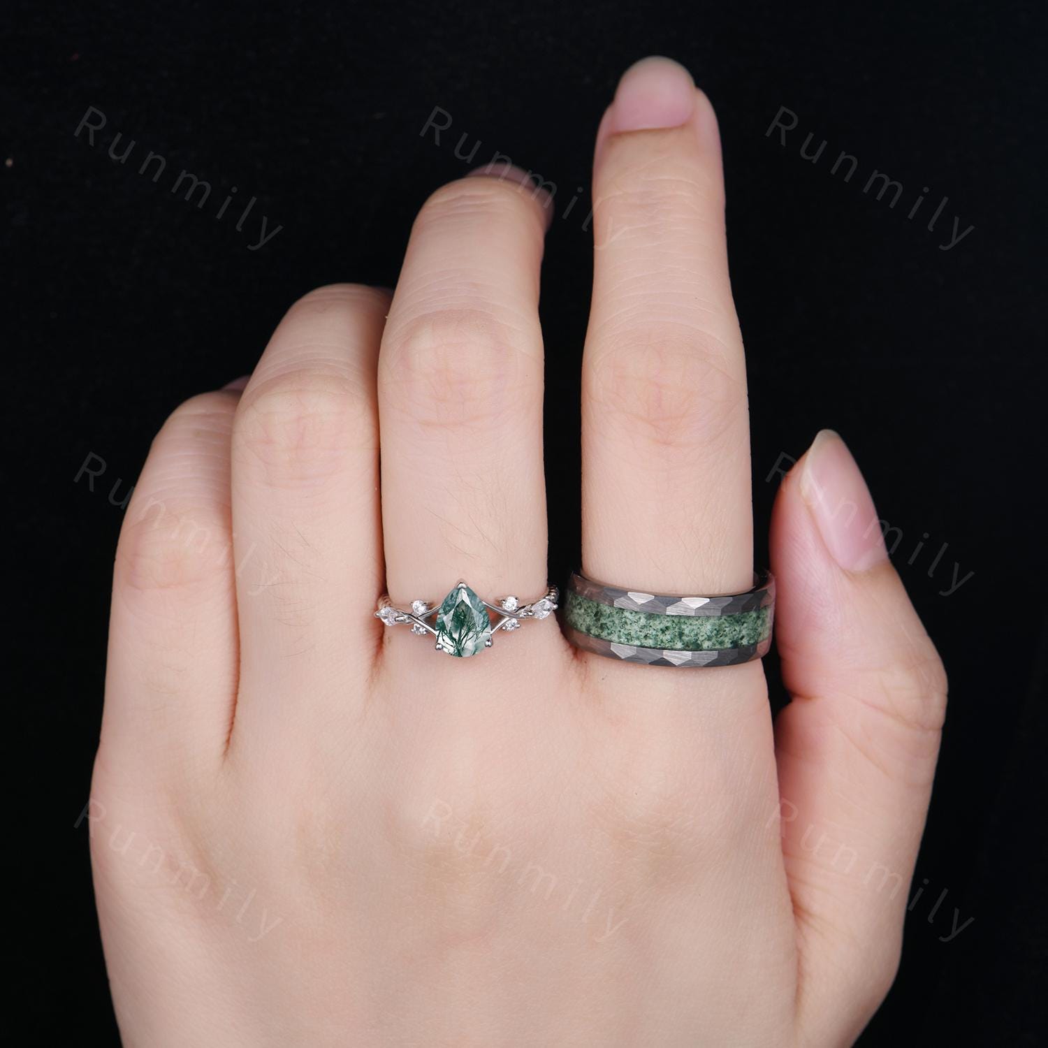 Pear Moss Agate Ring His and Hers Moss Agate Couples Ring Set Silver Matching Promise Rings Alternative Engagement Ring Mens Moss Agate Ring
