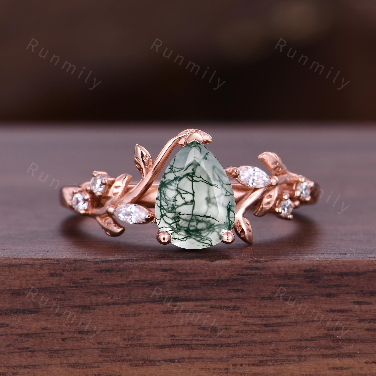 Nature Inspired Moss Agate Rings Vintage Mens Moss Agate Ring 2PCS His and Hers Couple Ring Set Matching Promise Rings Twig Leaf Ring