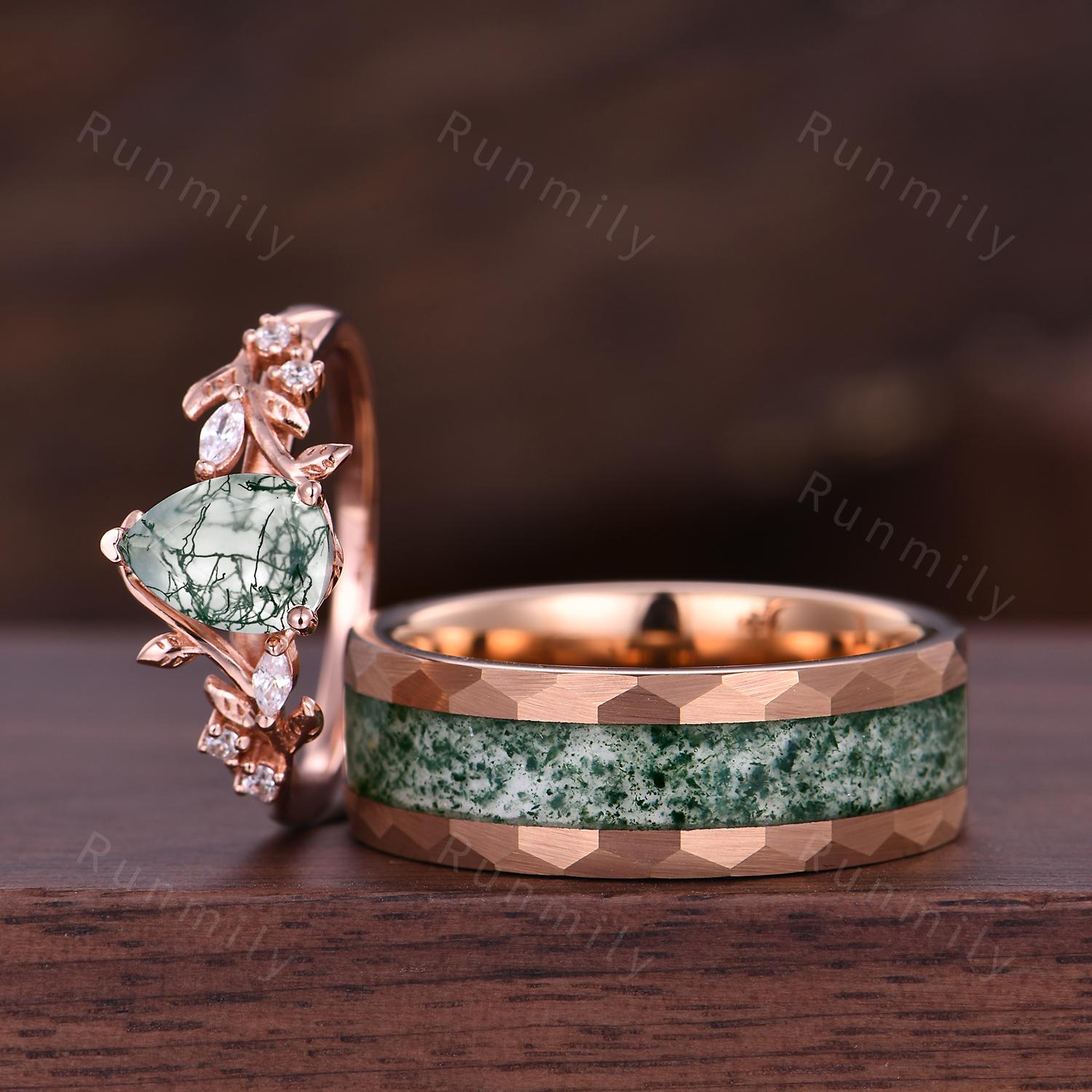 Nature Inspired Moss Agate Rings Vintage Mens Moss Agate Ring 2PCS His and Hers Couple Ring Set Matching Promise Rings Twig Leaf Ring
