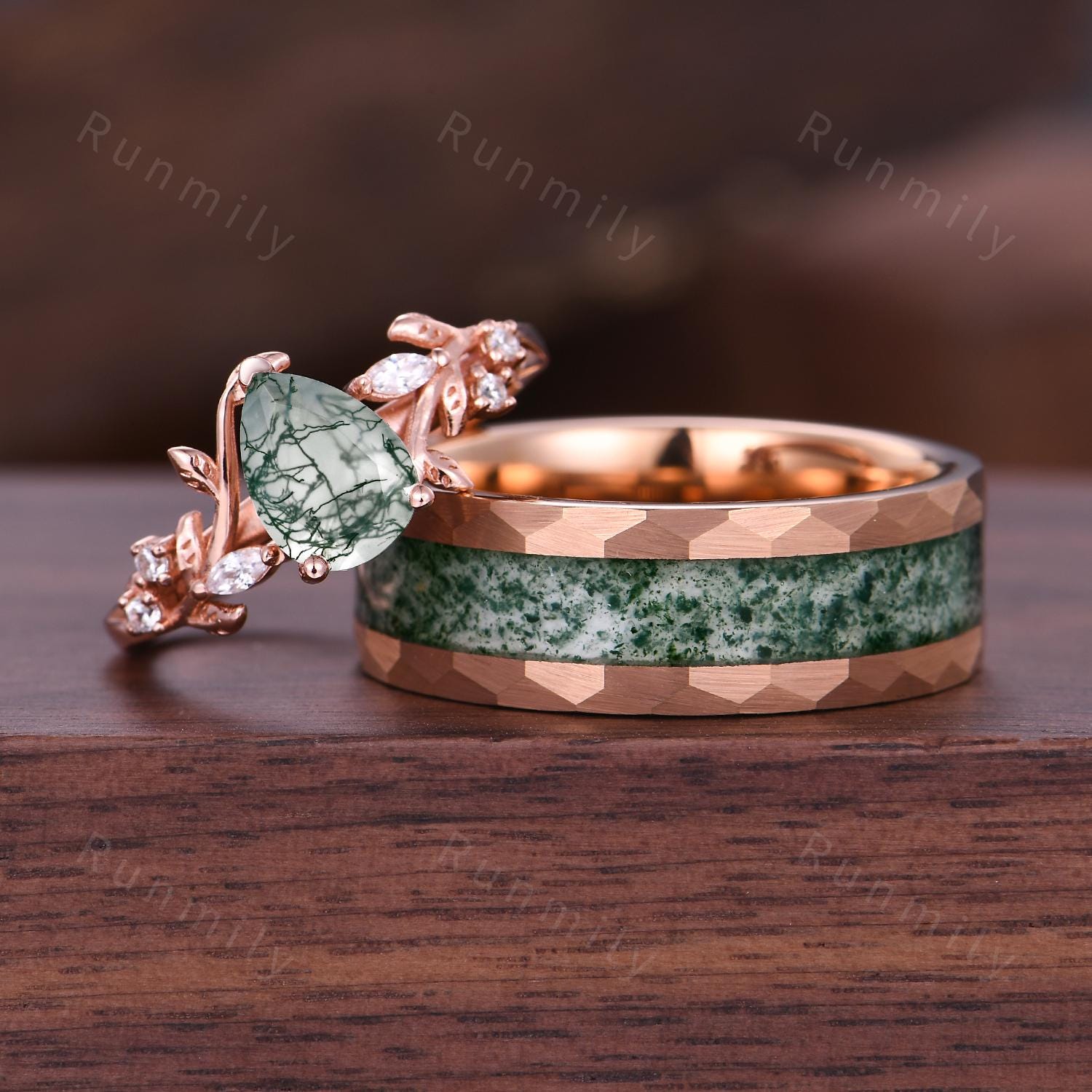 Nature Inspired Moss Agate Rings Vintage Mens Moss Agate Ring 2PCS His and Hers Couple Ring Set Matching Promise Rings Twig Leaf Ring
