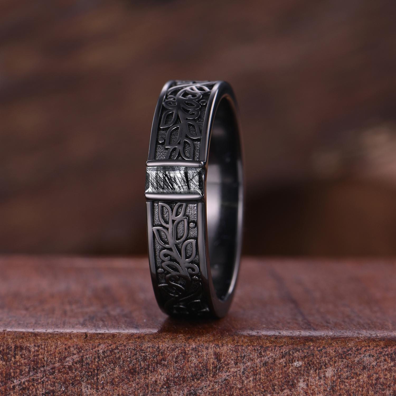 Black Rutilated Quartz Mens Wedding Band Gothic Baguette Cut Band Art Deco Leaf Design Unique Black Gold Mens Stacking Band Gift For Him