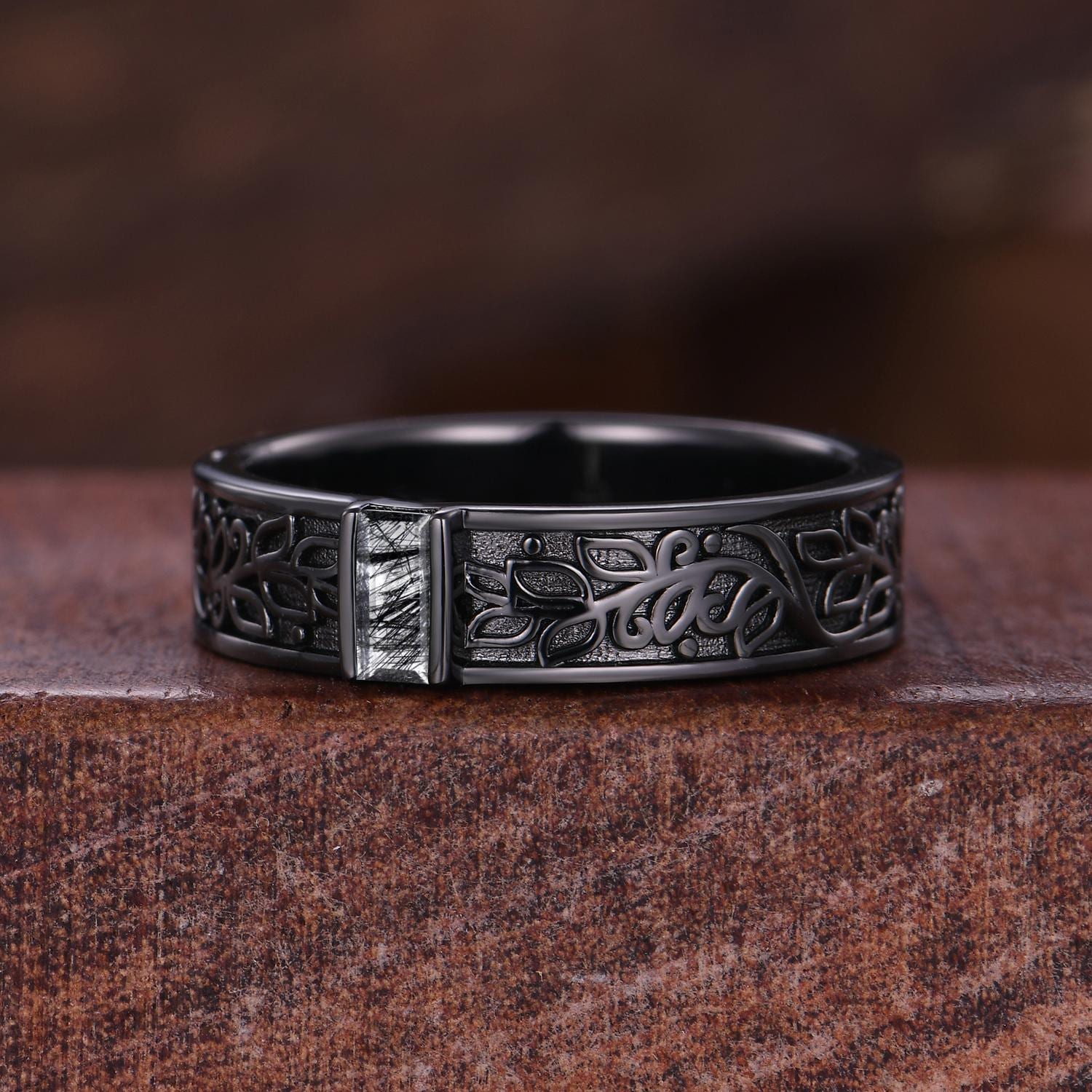 Black Rutilated Quartz Mens Wedding Band Gothic Baguette Cut Band Art Deco Leaf Design Unique Black Gold Mens Stacking Band Gift For Him