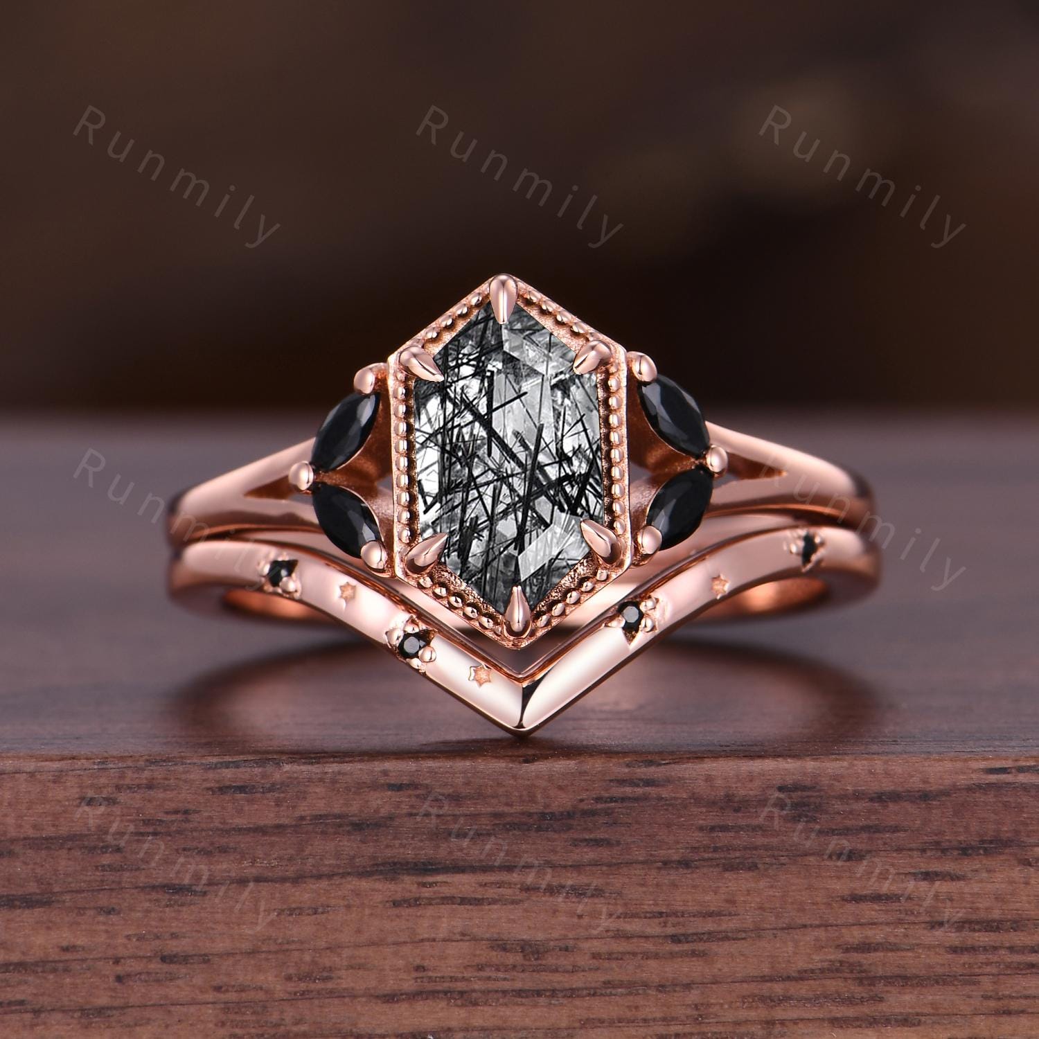 Black Rutilated Quartz, Meteorite Couples Ring Set- His and Hers Cosmic Wedding Bands Rose Gold/Tungsten Matching Promise Rings Gift