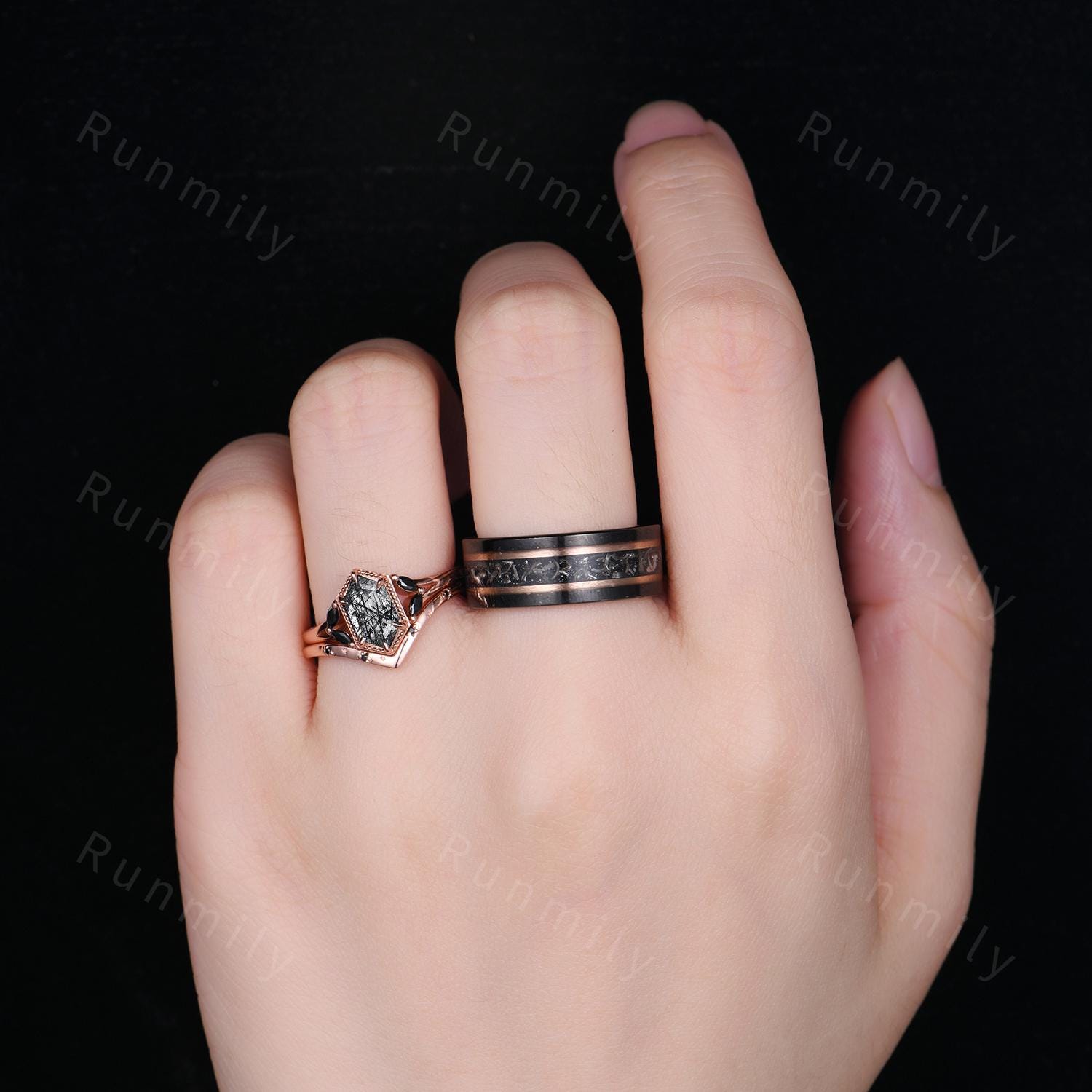 Black Rutilated Quartz, Meteorite Couples Ring Set- His and Hers Cosmic Wedding Bands Rose Gold/Tungsten Matching Promise Rings Gift