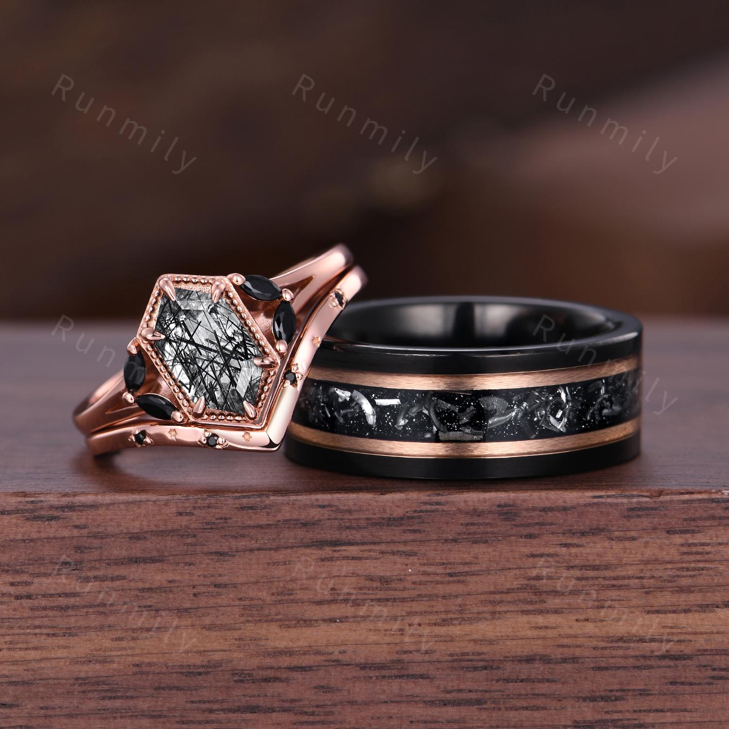 Black Rutilated Quartz, Meteorite Couples Ring Set- His and Hers Cosmic Wedding Bands Rose Gold/Tungsten Matching Promise Rings Gift
