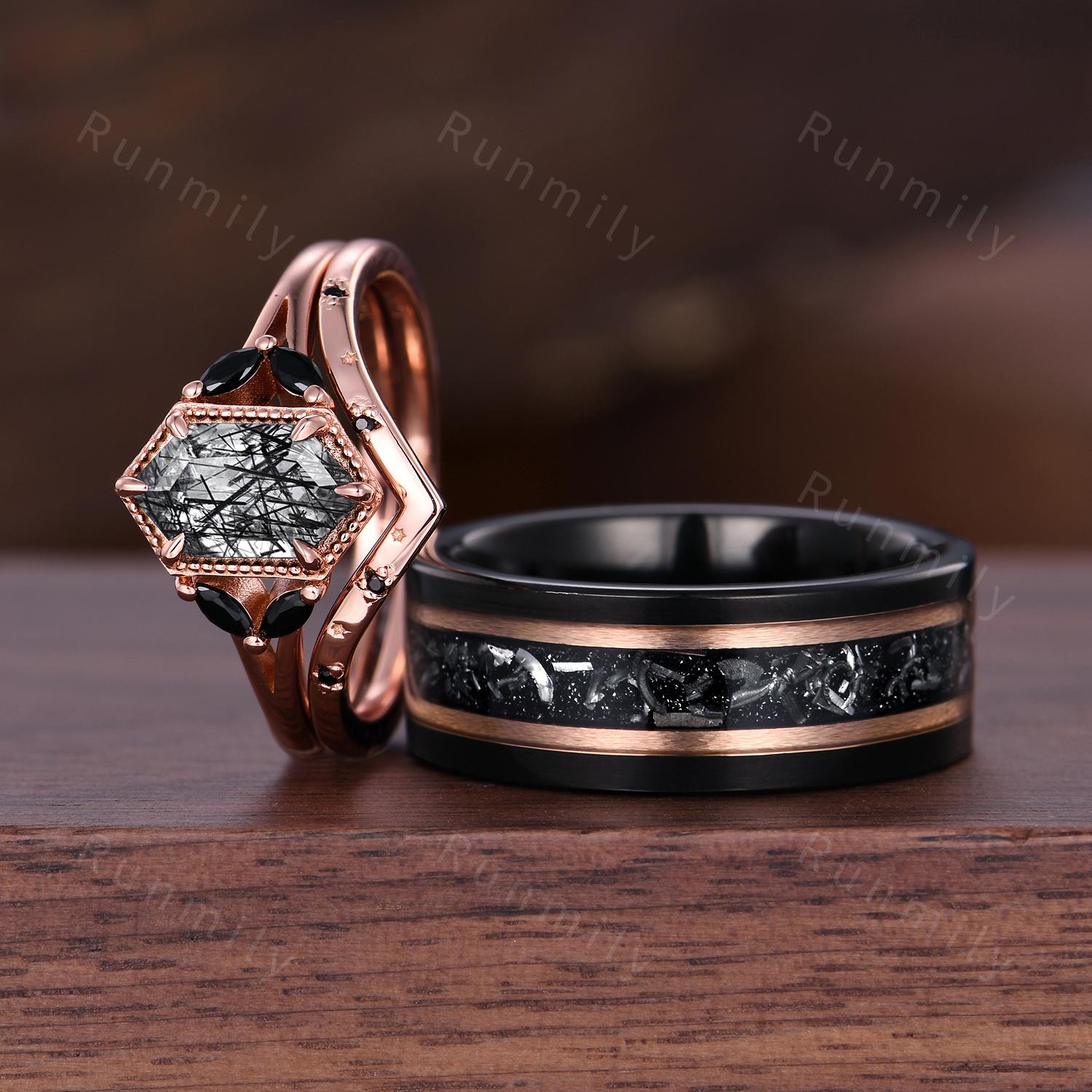 Black Rutilated Quartz, Meteorite Couples Ring Set- His and Hers Cosmic Wedding Bands Rose Gold/Tungsten Matching Promise Rings Gift