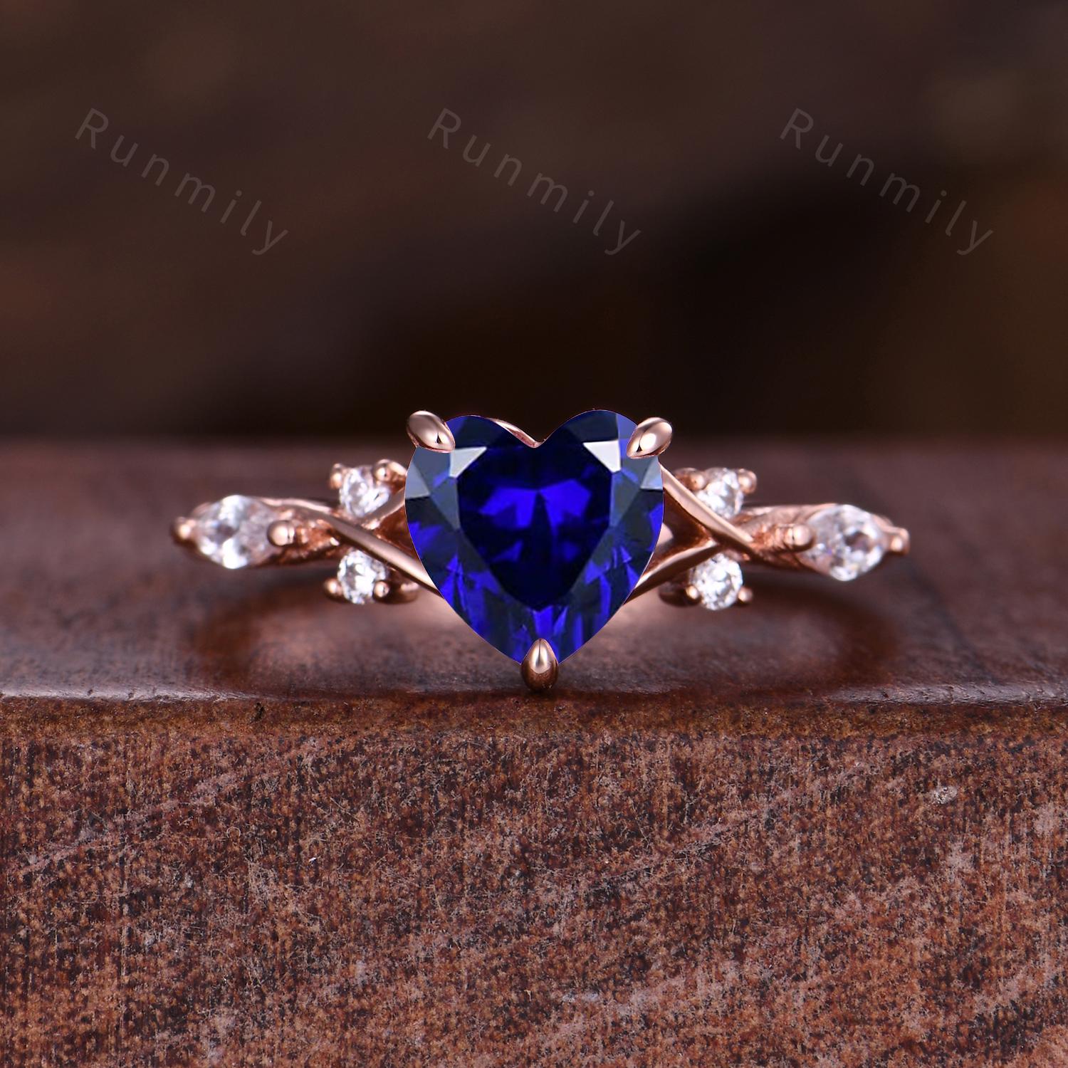Heart shaped blue sapphire engagement ring vintage rose gold ring unique twig twisted moissanite wedding ring Romantic bridal promise ring