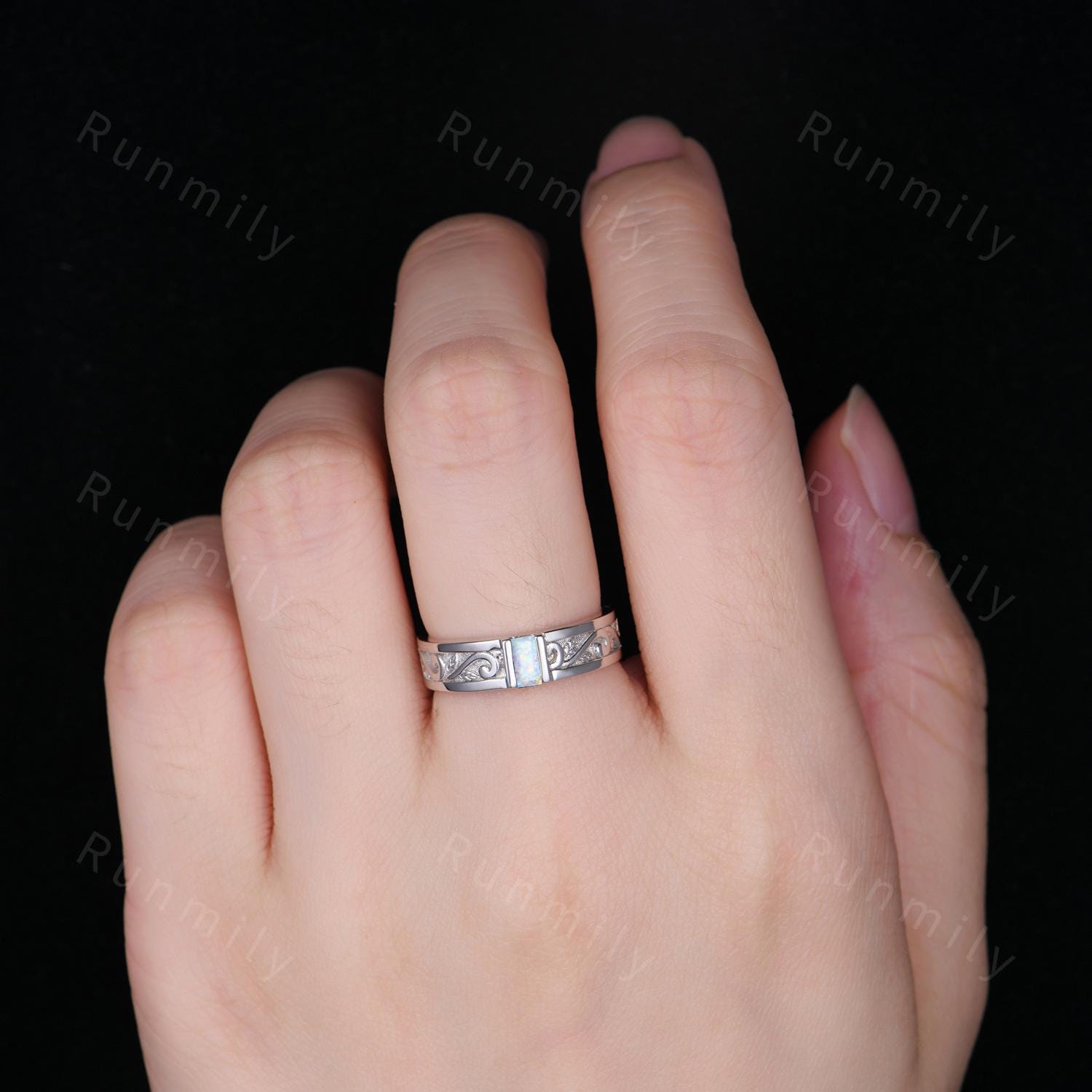 Vintage Mens White Opal Band Mens 5mm Wedding Band Baguette Cut Opal Band Mens Wave Leaf Stacking Matching Band October Gift For Husband