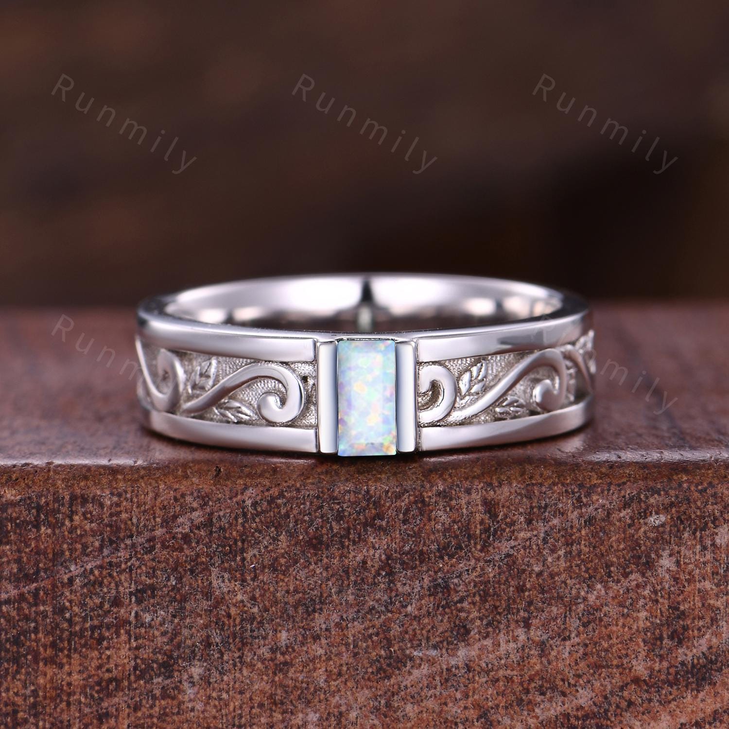 Vintage Mens White Opal Band Mens 5mm Wedding Band Baguette Cut Opal Band Mens Wave Leaf Stacking Matching Band October Gift For Husband