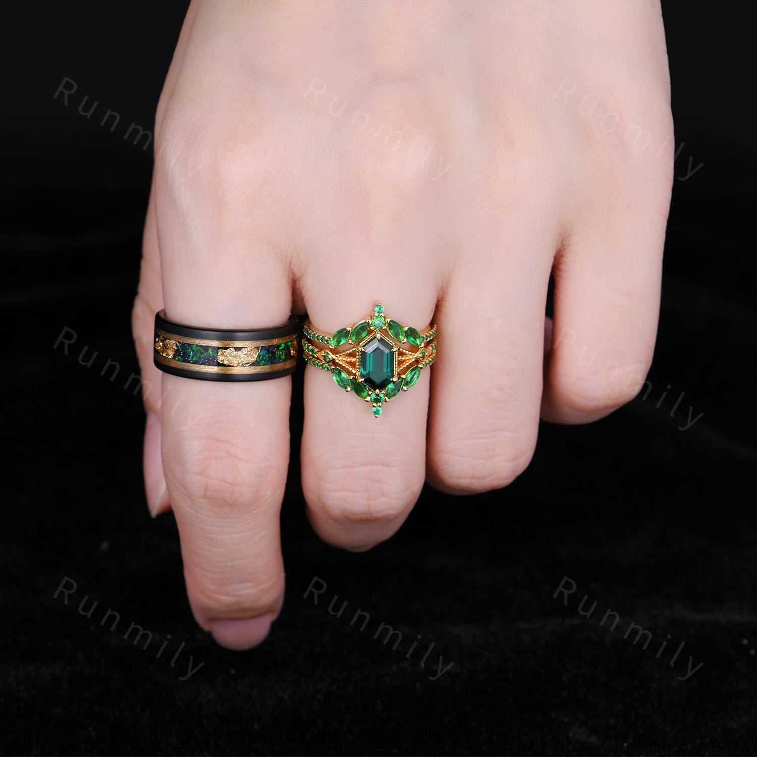Vintage Hexagon Emerald Couples Ring Set Double Curved Band Yellow Gold His and Hers Wedding Band Mens Emerald Ring Promise Ring For Couple