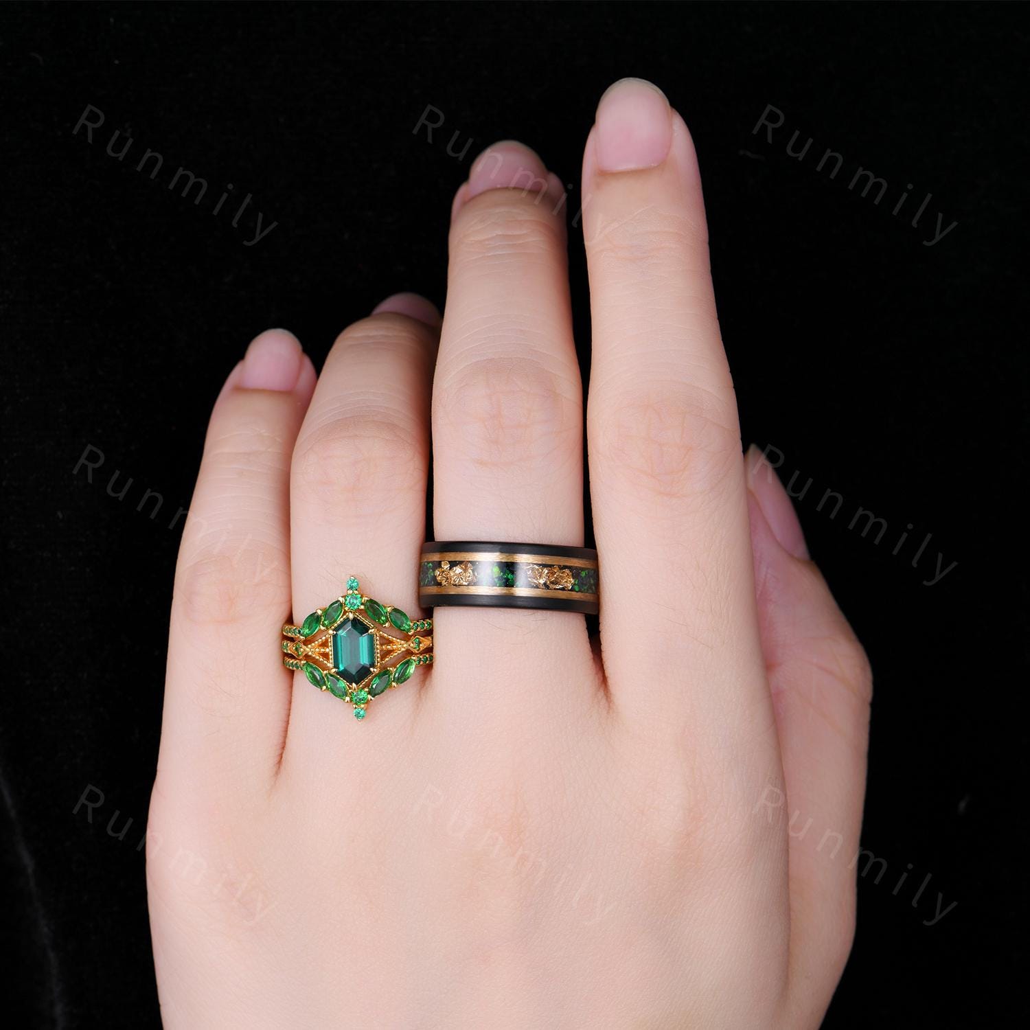 Vintage Hexagon Emerald Couples Ring Set Double Curved Band Yellow Gold His and Hers Wedding Band Mens Emerald Ring Promise Ring For Couple