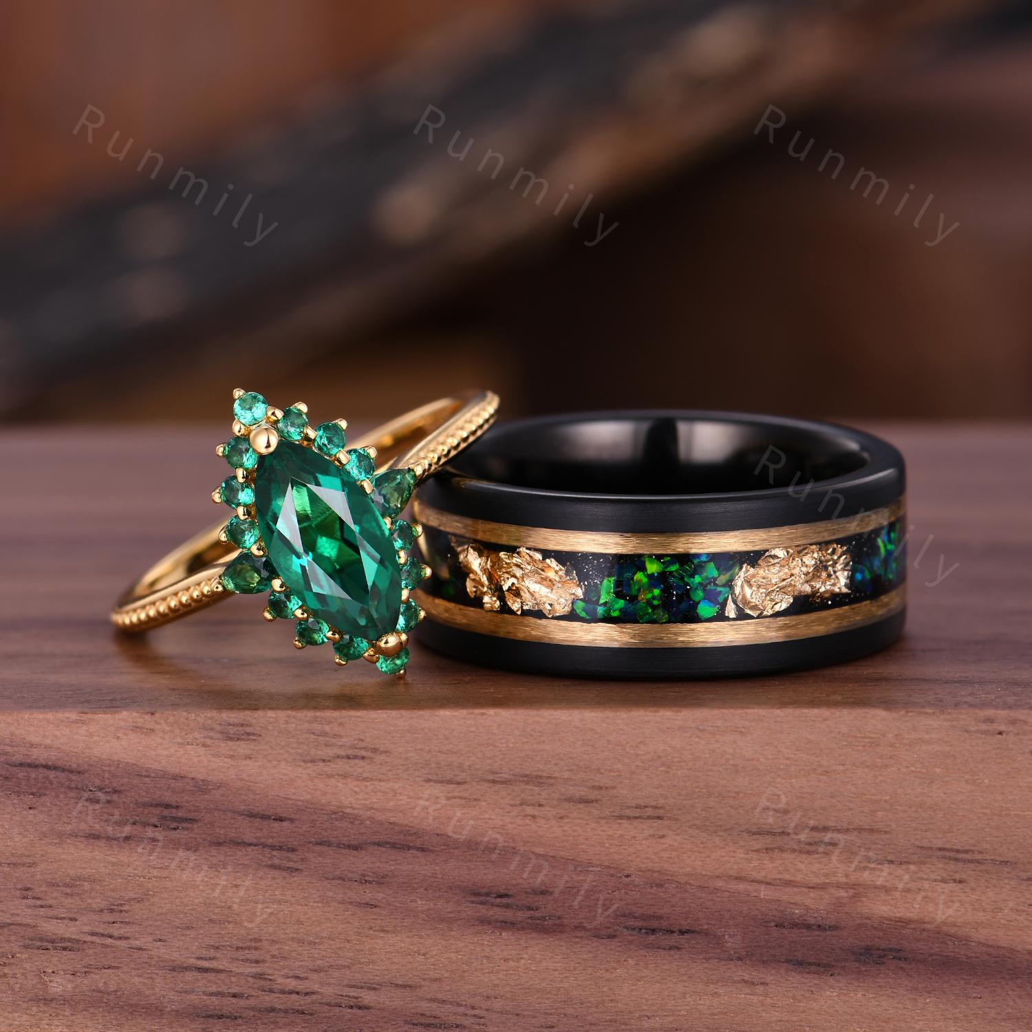Marquise cut Emerald Couples Ring Yellow Gold Matching Ring Set His and Hers Wedding Band Mens Emerald Ring Anniversary Gift For Men & Women