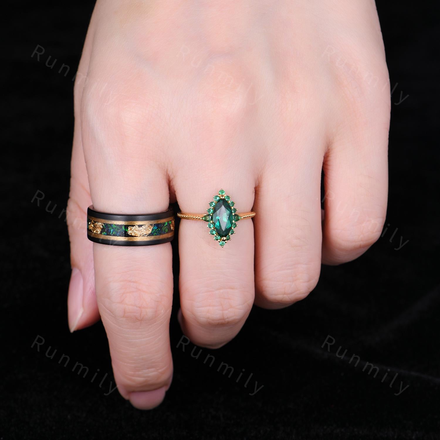 Marquise cut Emerald Couples Ring Yellow Gold Matching Ring Set His and Hers Wedding Band Mens Emerald Ring Anniversary Gift For Men & Women