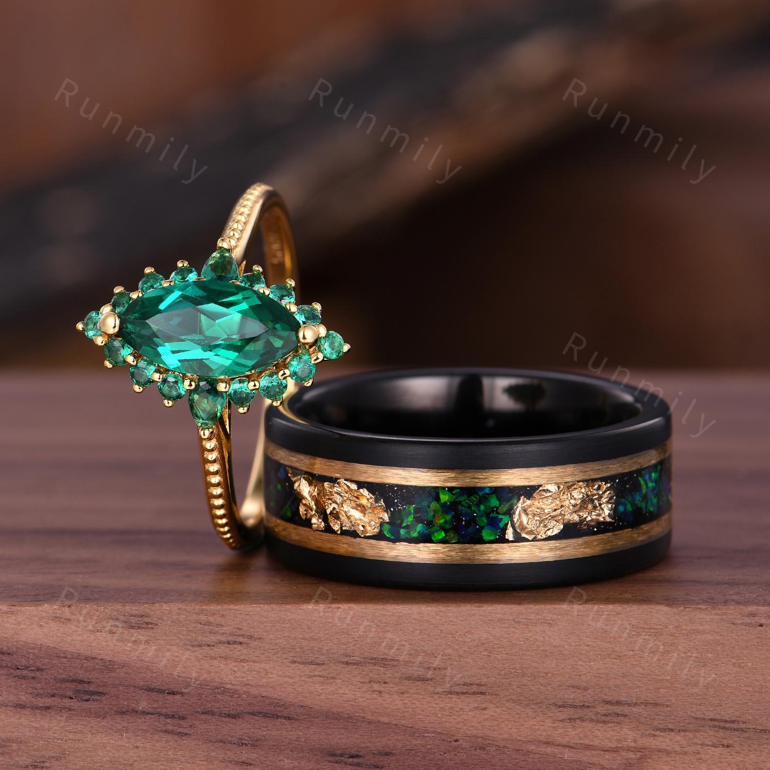 Marquise cut Emerald Couples Ring Yellow Gold Matching Ring Set His and Hers Wedding Band Mens Emerald Ring Anniversary Gift For Men & Women