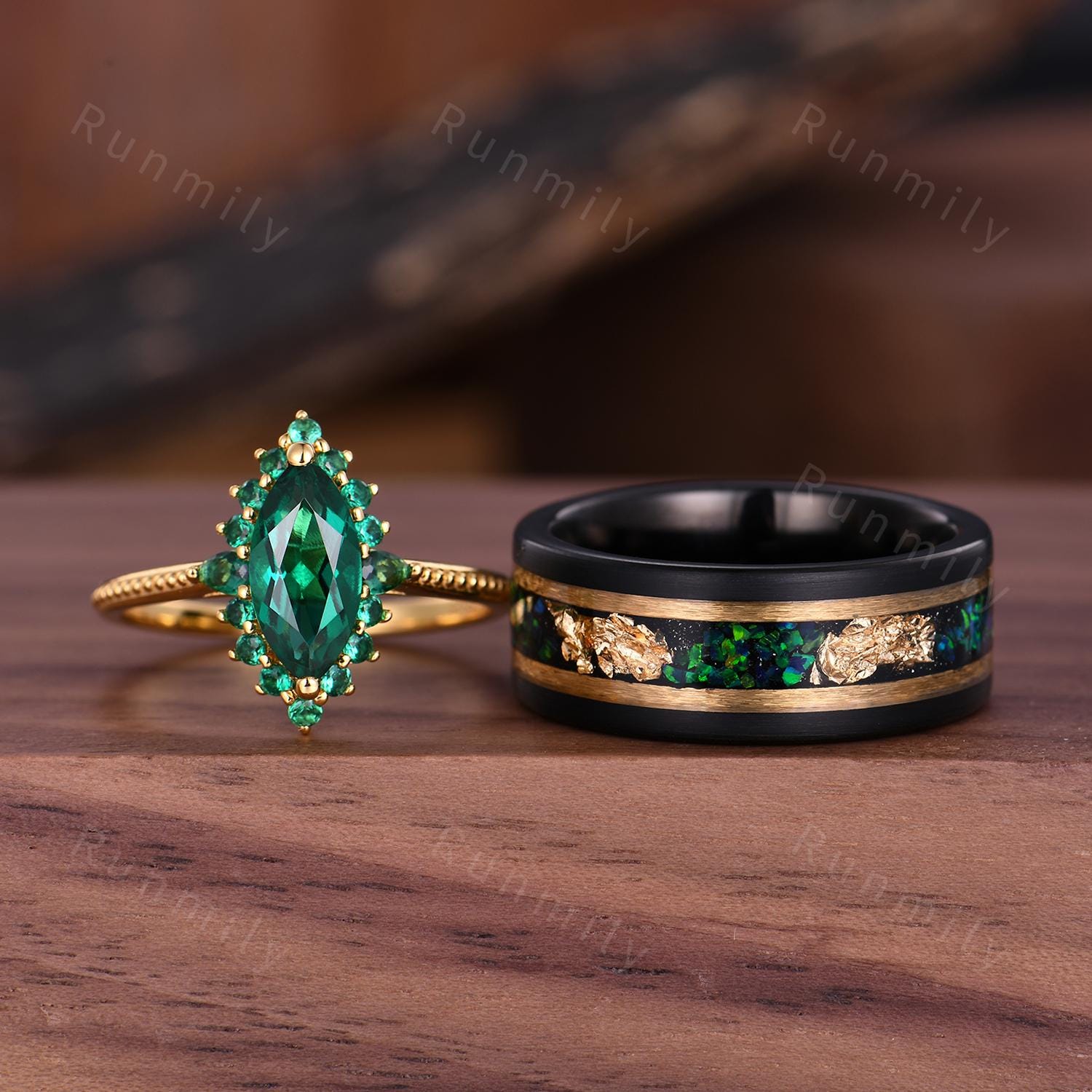 Marquise cut Emerald Couples Ring Yellow Gold Matching Ring Set His and Hers Wedding Band Mens Emerald Ring Anniversary Gift For Men & Women