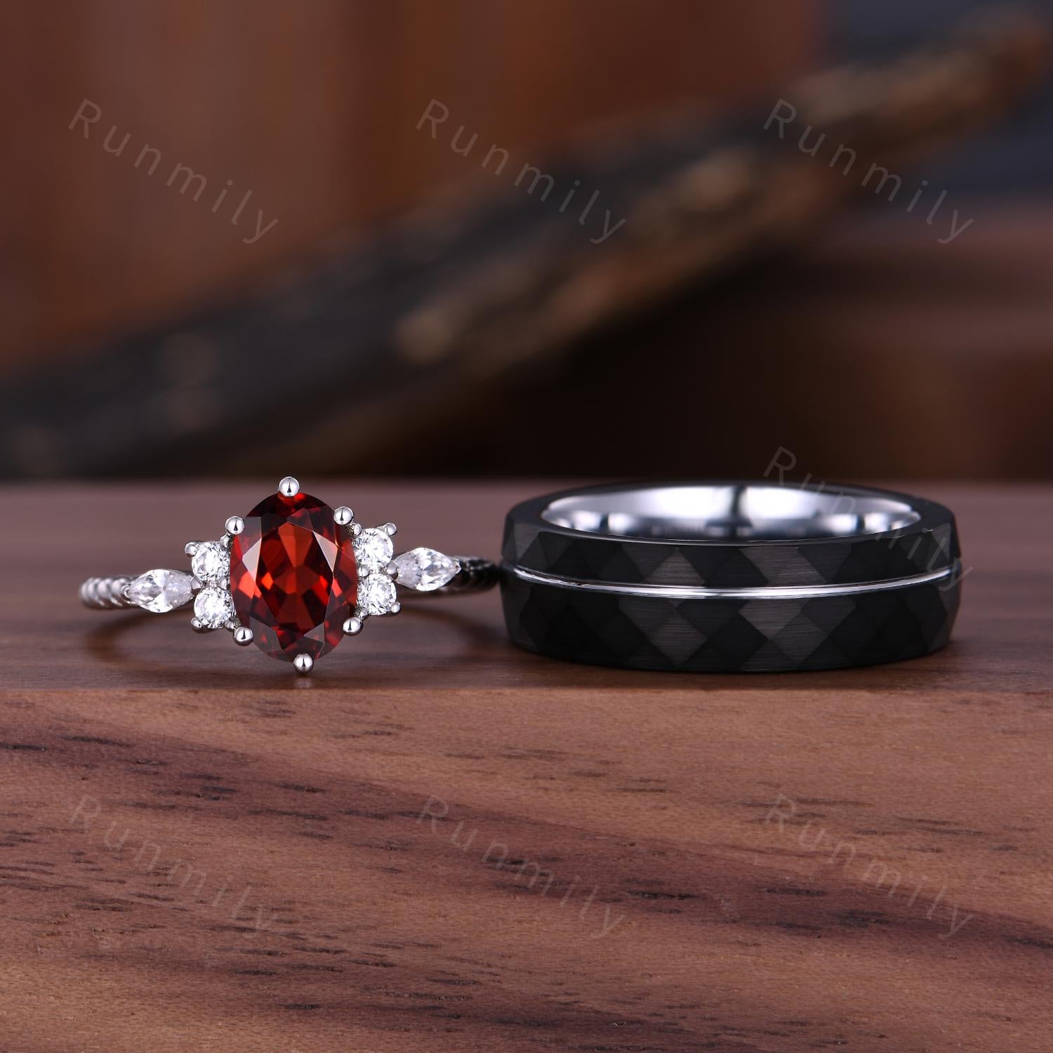 Oval cut Garnet Couples Ring Unique Diamond Cluster Bridal Ring Dainty His and Hers Ring Promise Rings For Men For Women Natural Garnet Ring
