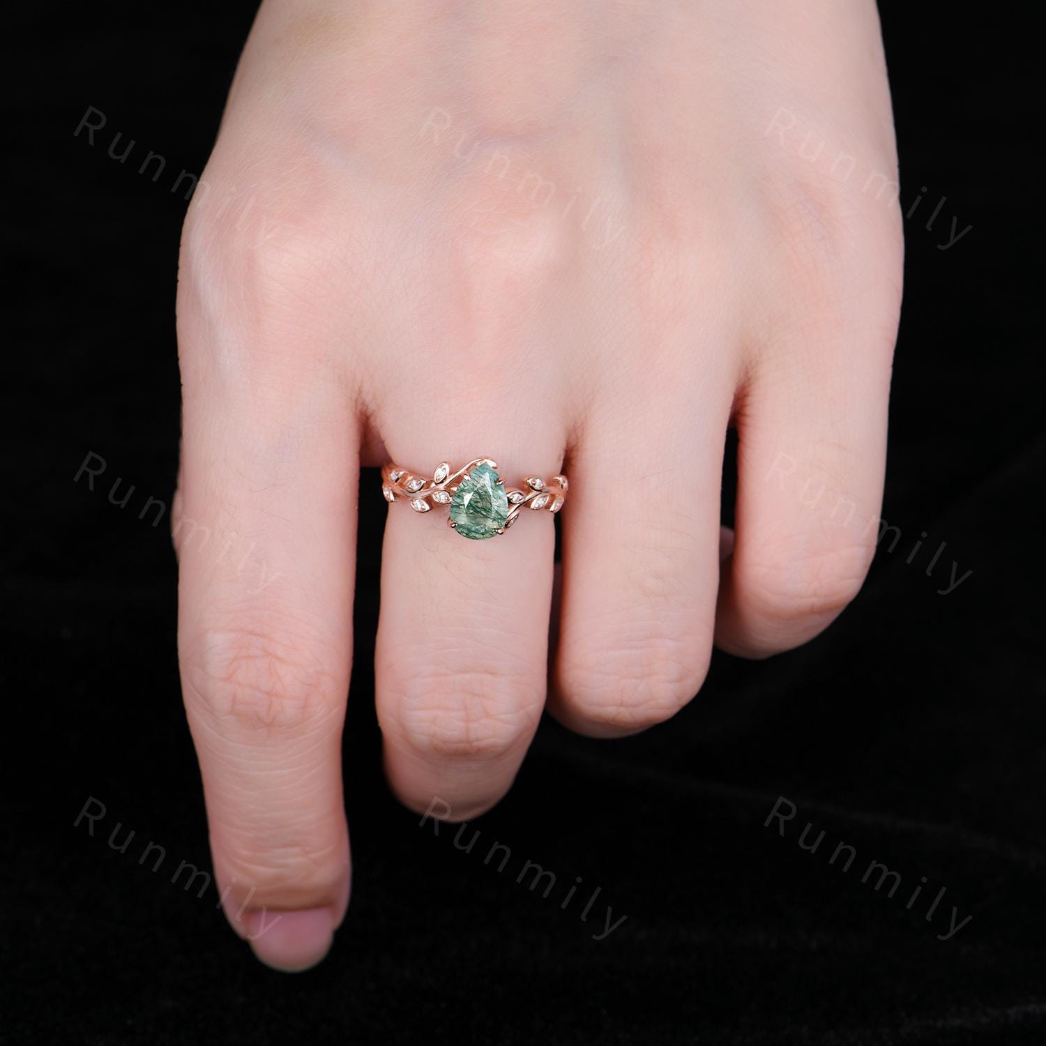 Vintage moss agate engagement ring Art deco leaf promise ring Nature inspired rose gold cluster ring Unique Anniversary gifts for women