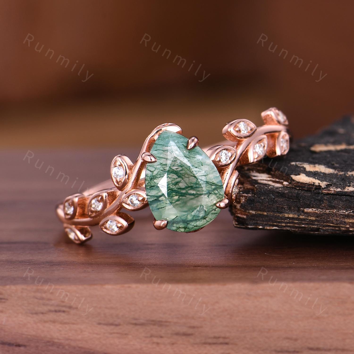 Vintage moss agate engagement ring Art deco leaf promise ring Nature inspired rose gold cluster ring Unique Anniversary gifts for women
